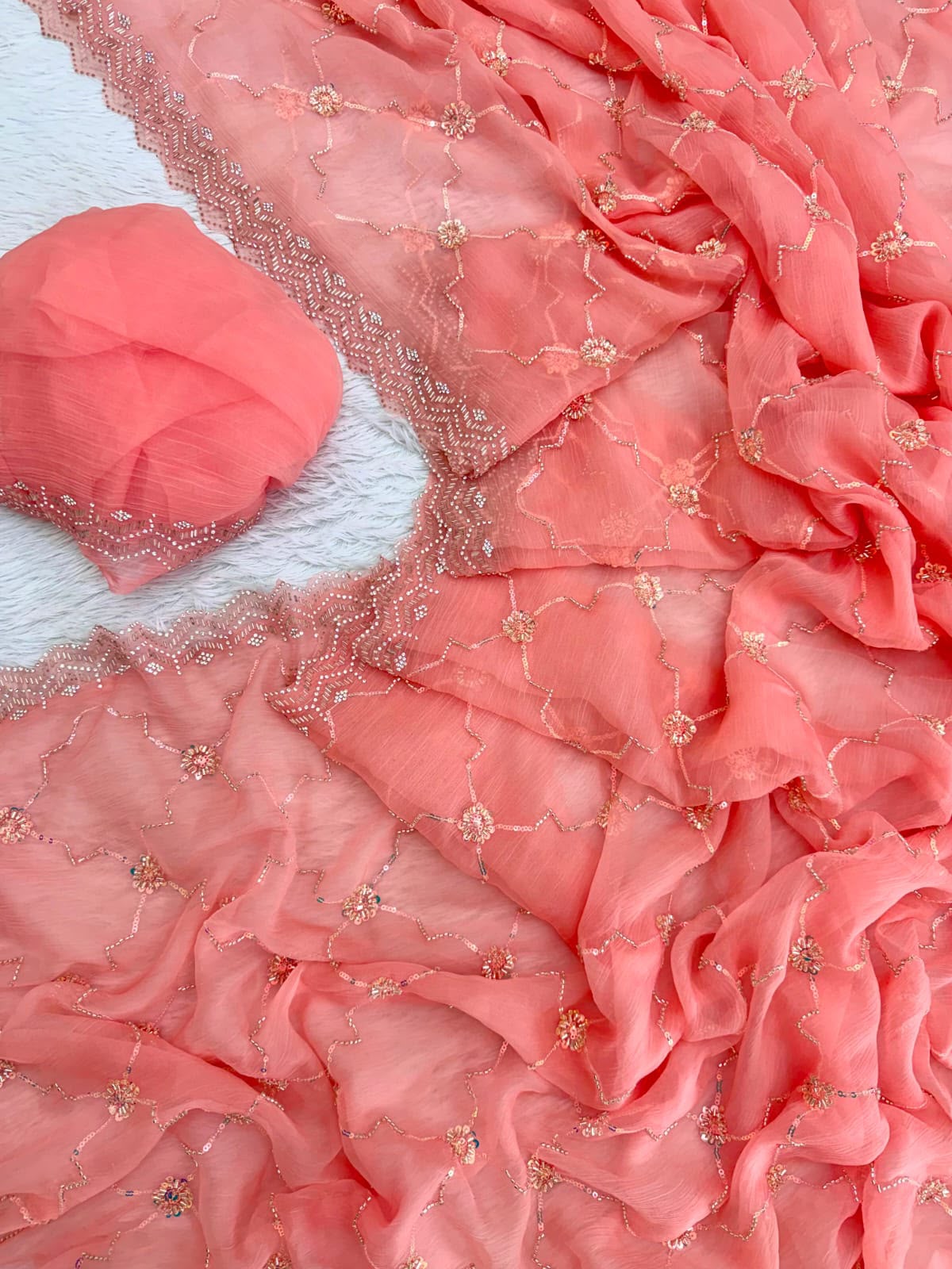 Rosé Soft Vari Chiffon Saree | Sequin & Bead Embroidery