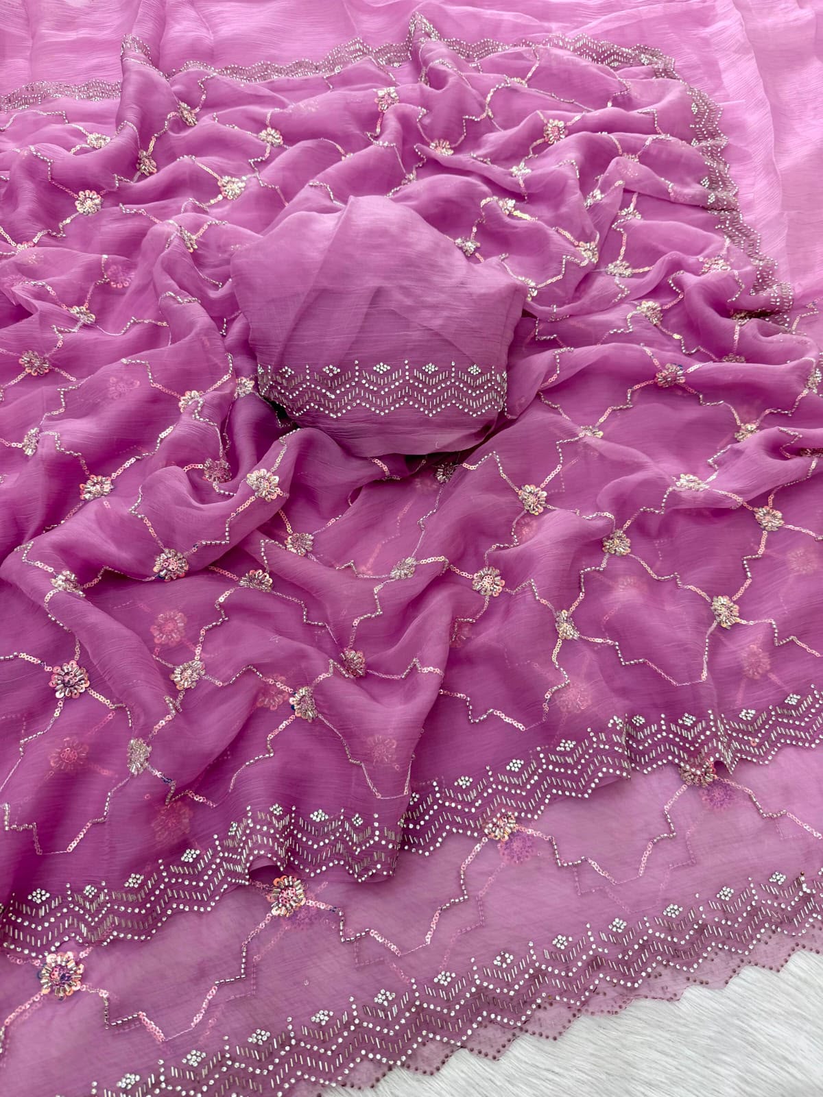 Rosé Soft Vari Chiffon Saree | Sequin & Bead Embroidery