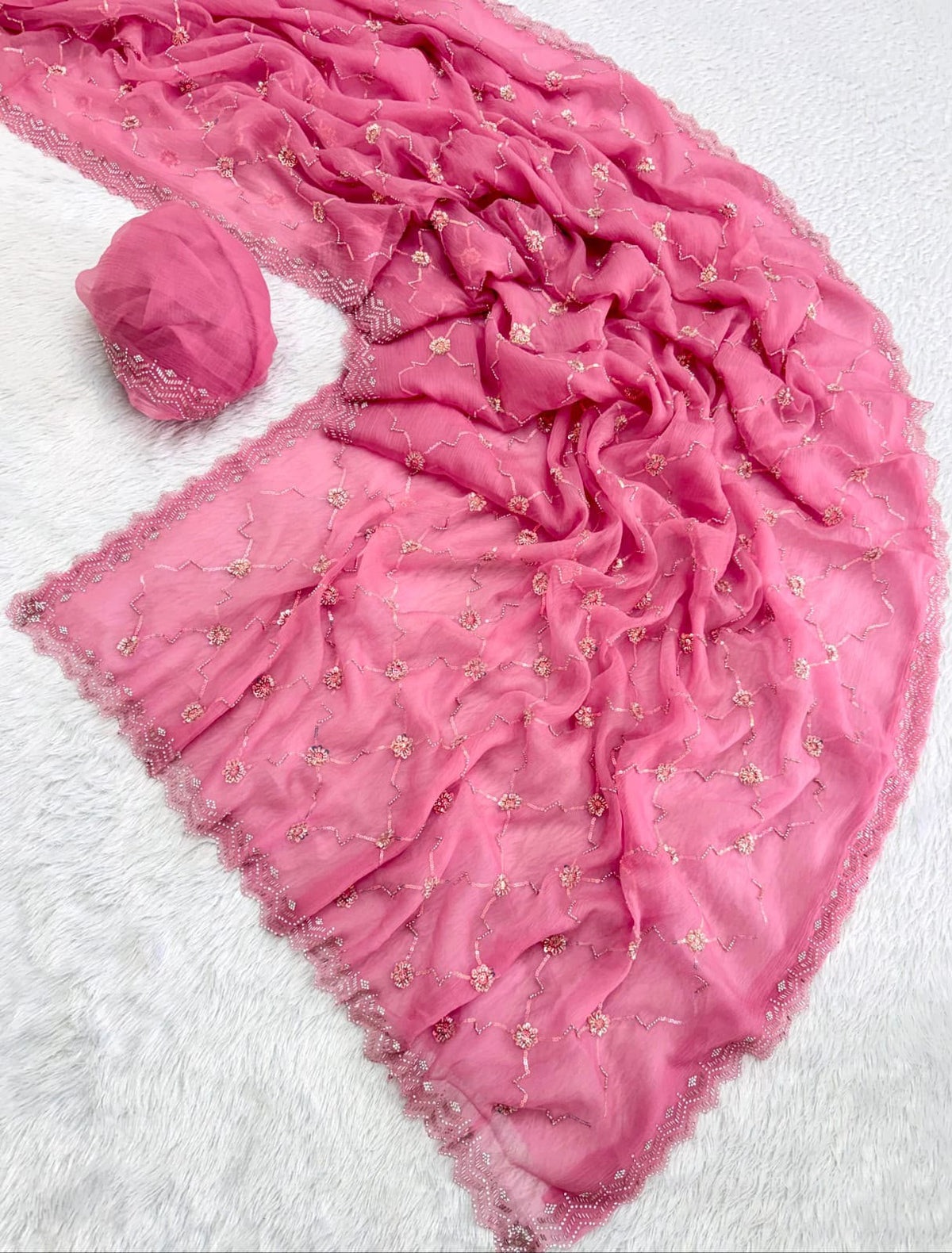 Rosé Soft Vari Chiffon Saree | Sequin & Bead Embroidery