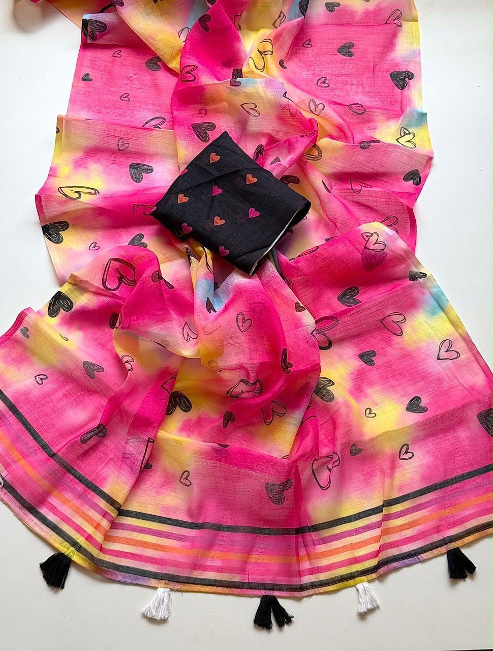 Amouré Linen Saree | Heart Print & Striped Border