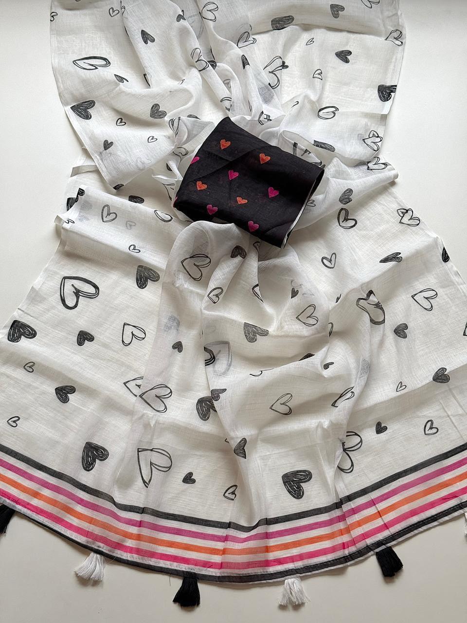 Amouré Linen Saree | Heart Print & Striped Border
