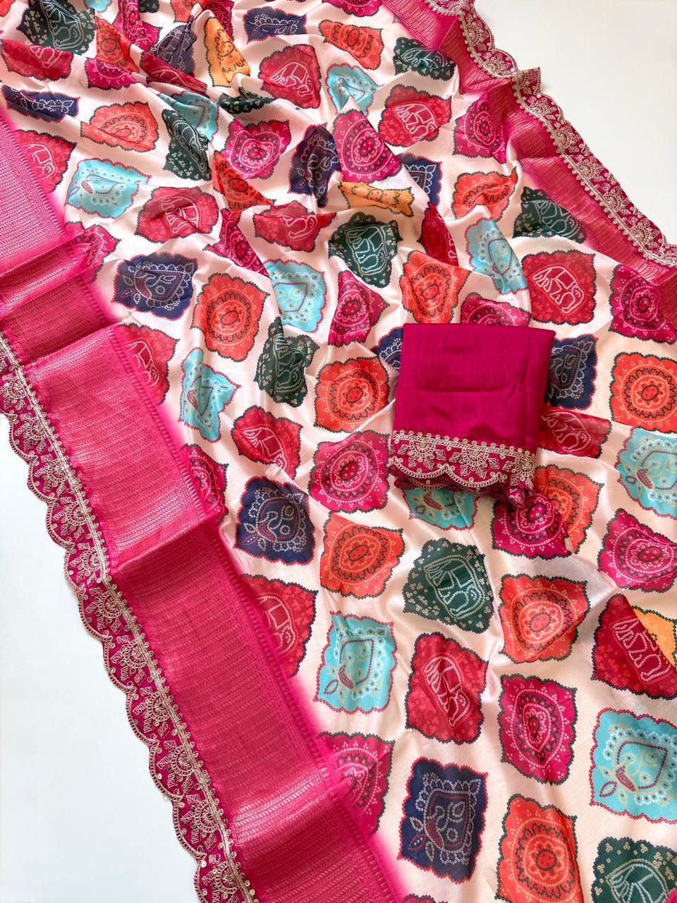 Dola Opulence Banarasi Saree | Multicolour Digital Print & Sequin Border