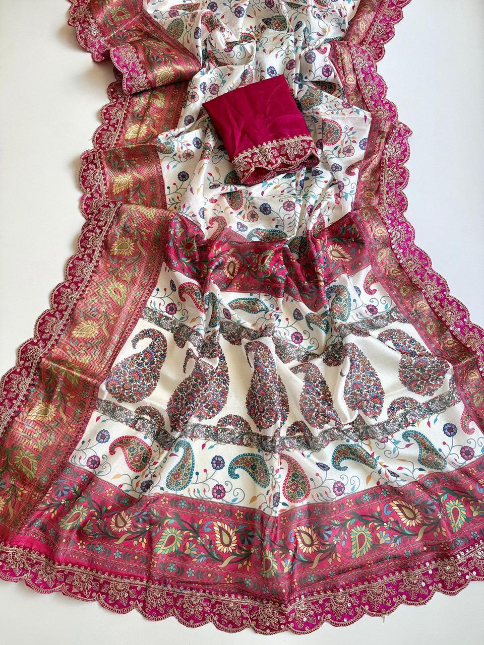 Riwaayat Designer Dola Banarasi Saree | Digital Print & Sequin Border