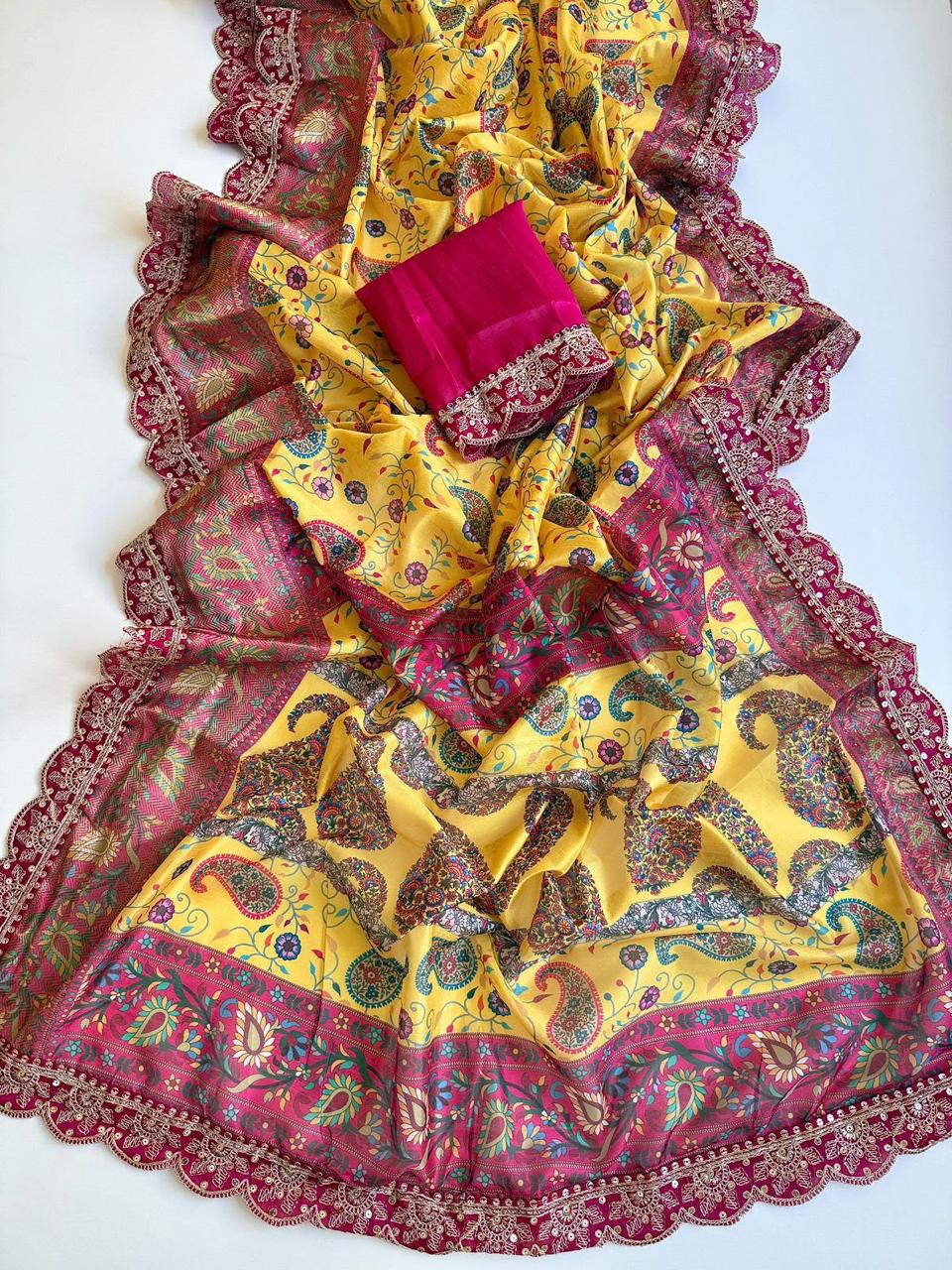 Riwaayat Designer Dola Banarasi Saree | Digital Print & Sequin Border