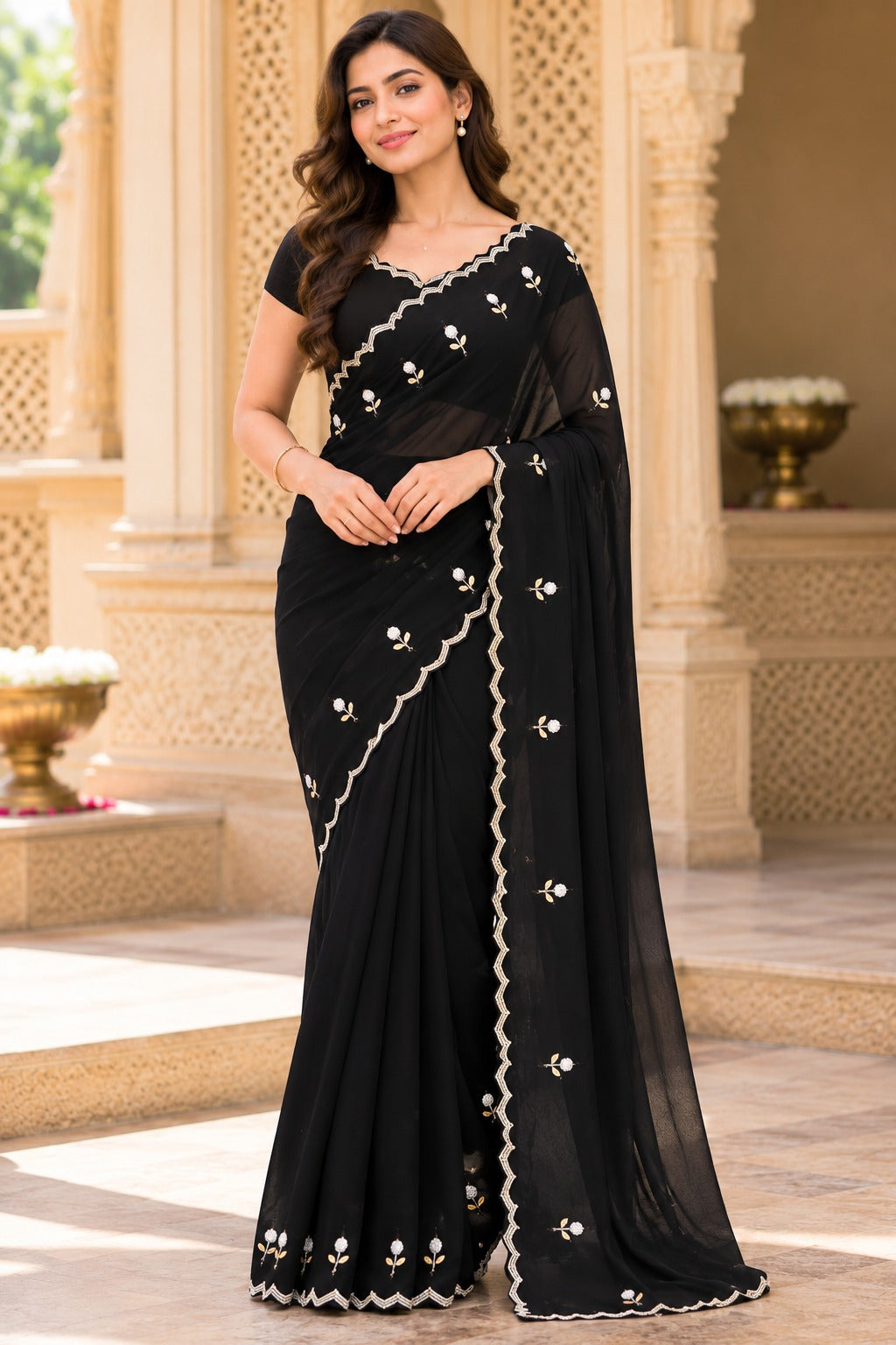 Starlit Noir Georgette Saree | Cutdana, Moti & Resham Work