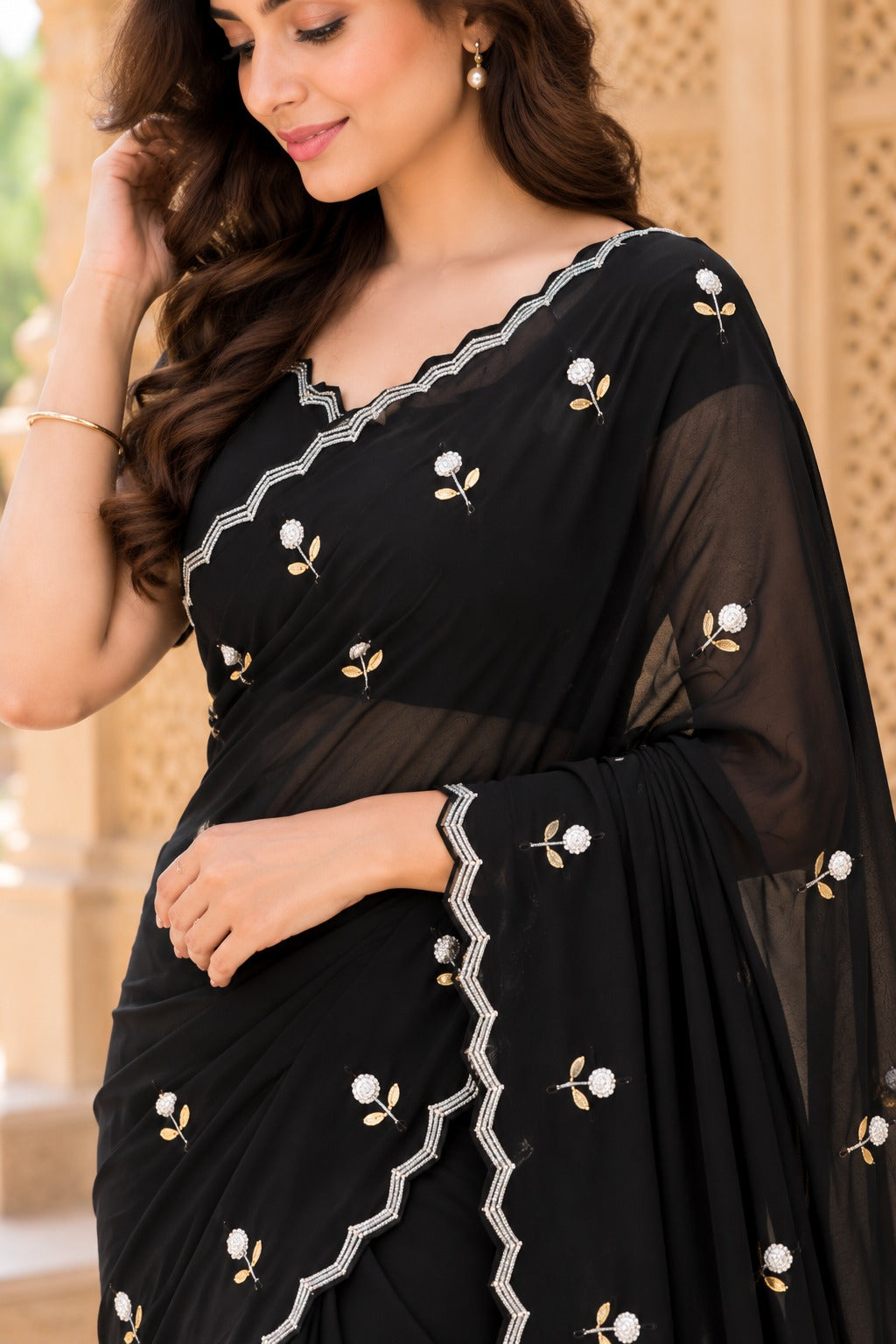 Starlit Noir Georgette Saree | Cutdana, Moti & Resham Work
