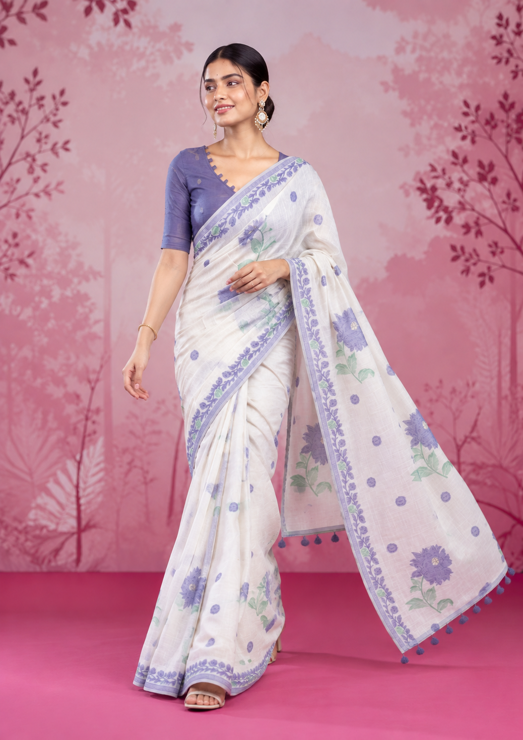 Mogra Soft Muga Cotton Saree | Jamdani Woven Border & Resham Butta