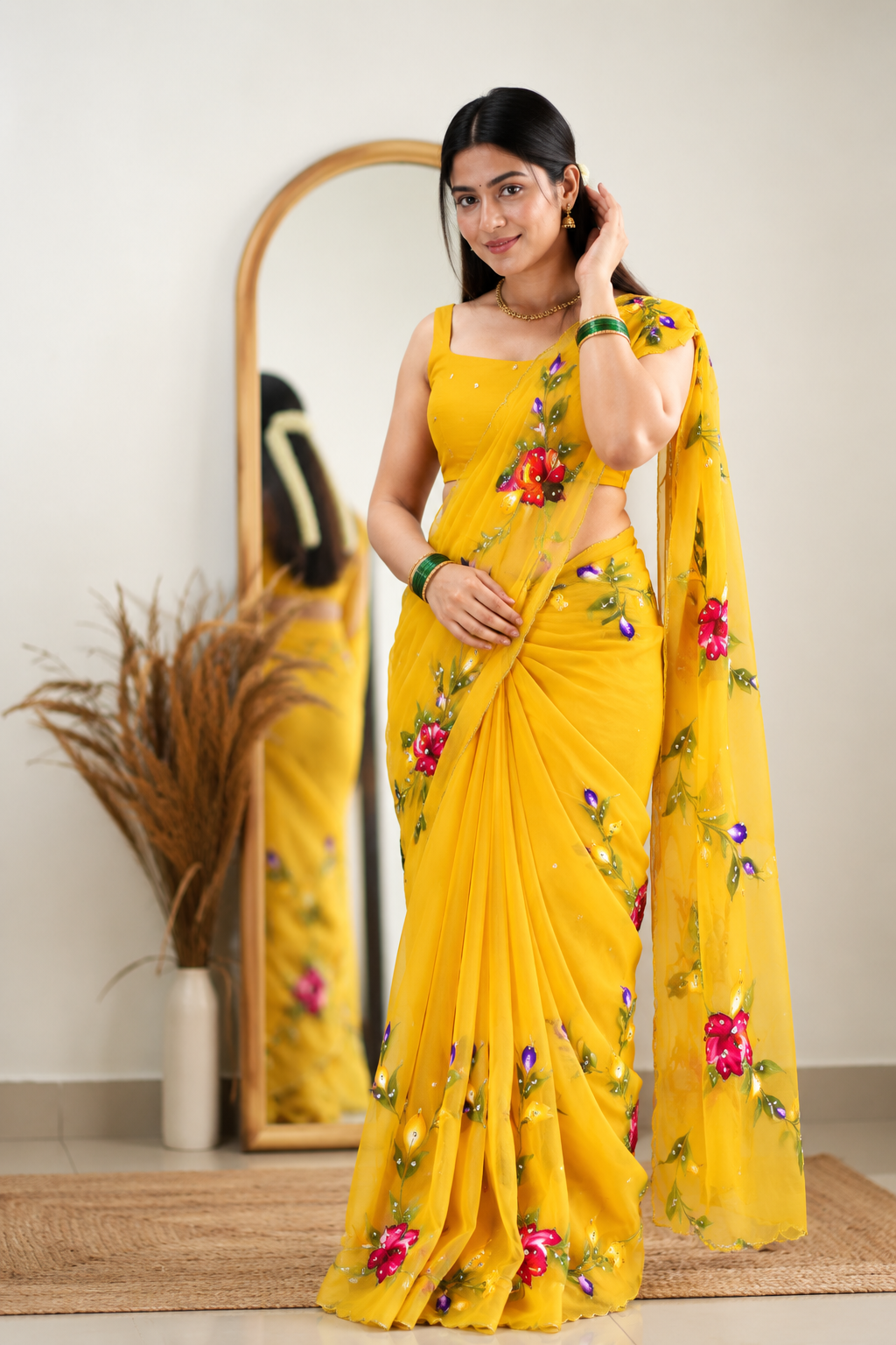 Chitrali Pure Chiffon Saree | Hand-Painted Floral & Khatli Work