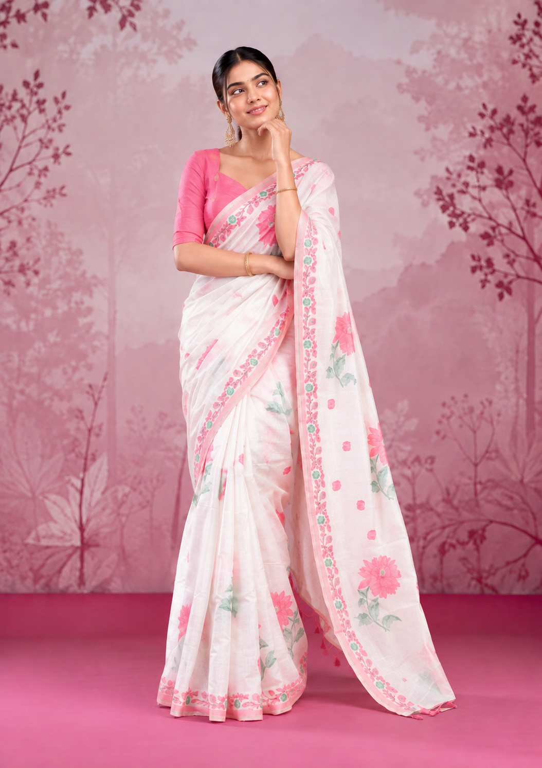 Mogra Soft Muga Cotton Saree | Jamdani Woven Border & Resham Butta