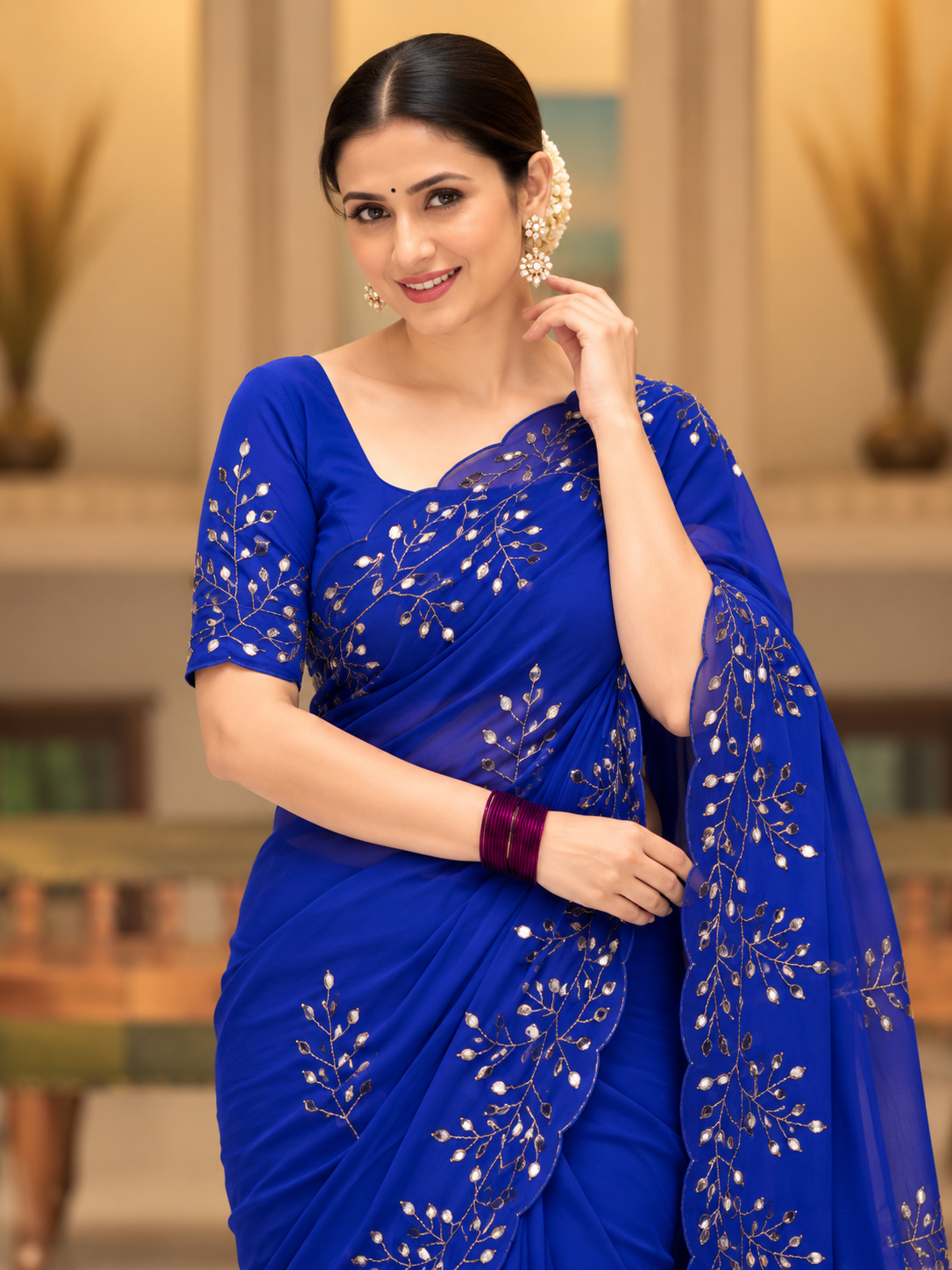 Evara Pure Georgette Saree | Handcrafted Mirror & Khatli Work