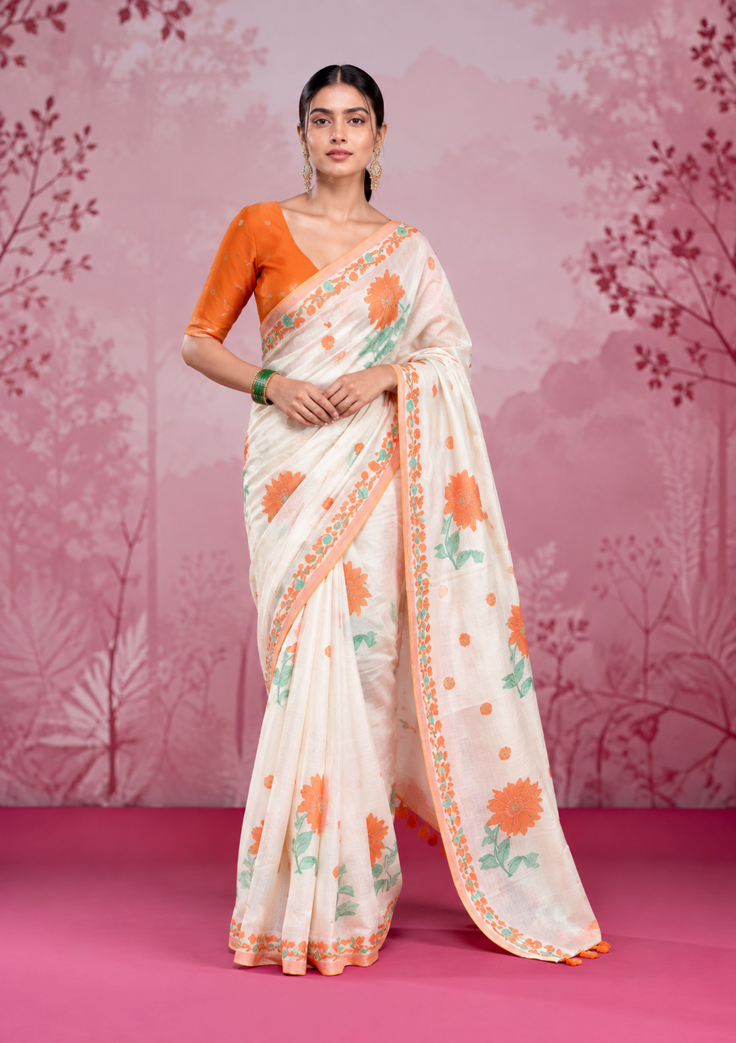 Mogra Soft Muga Cotton Saree | Jamdani Woven Border & Resham Butta