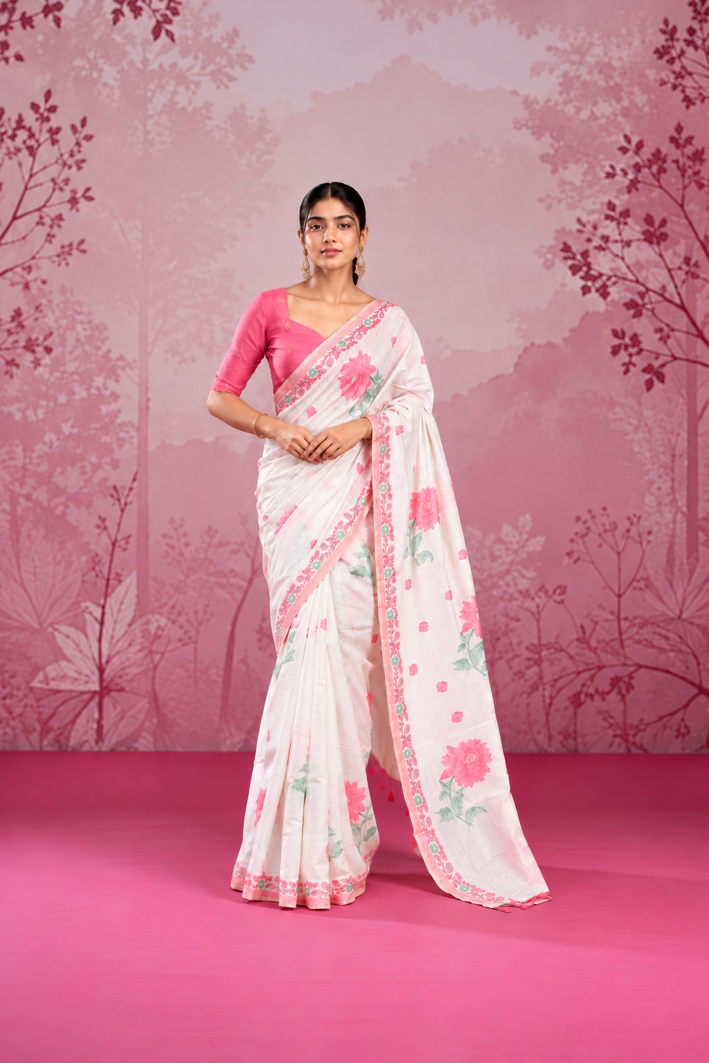 Mogra Soft Muga Cotton Saree | Jamdani Woven Border & Resham Butta