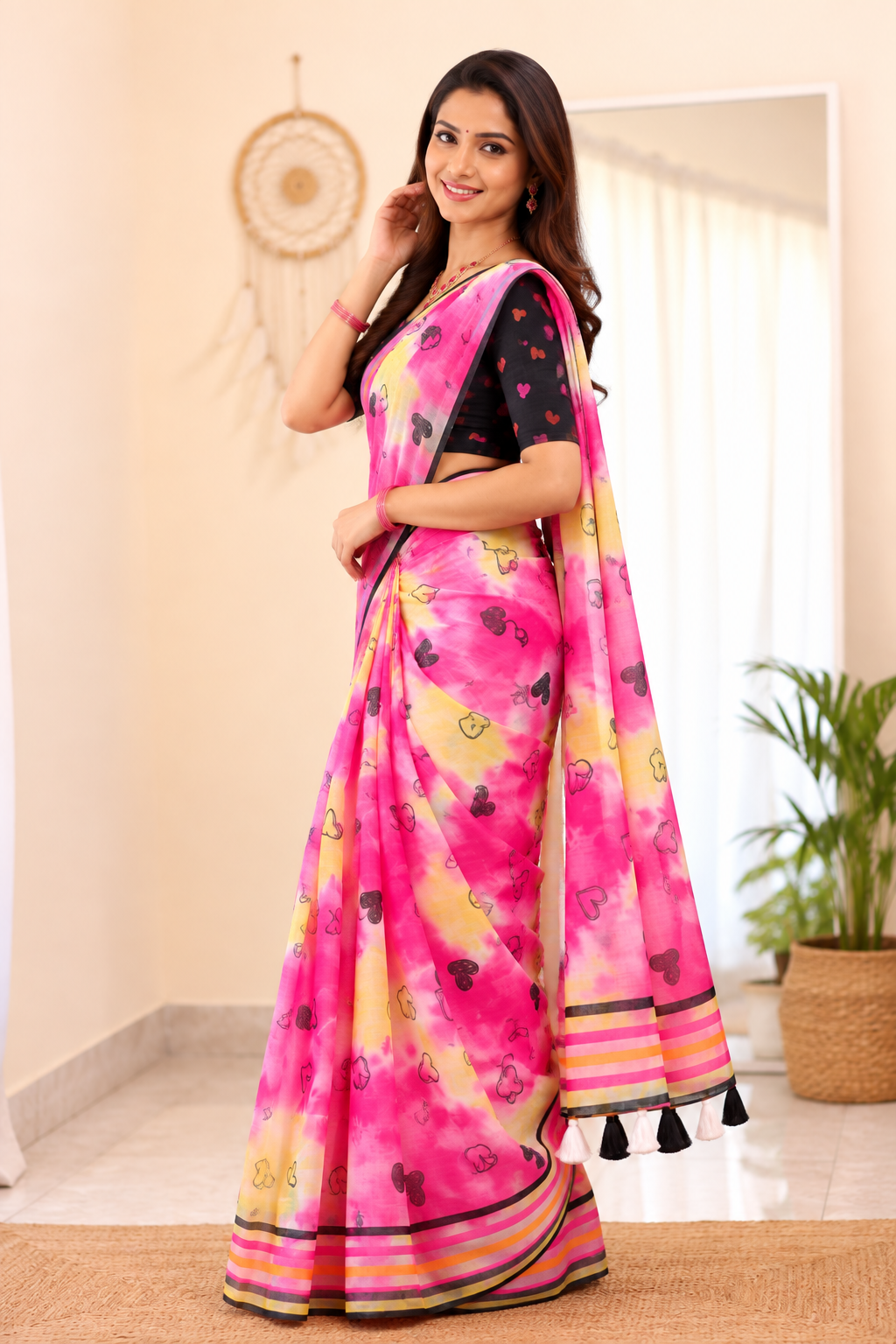 Amouré Linen Saree | Heart Print & Striped Border