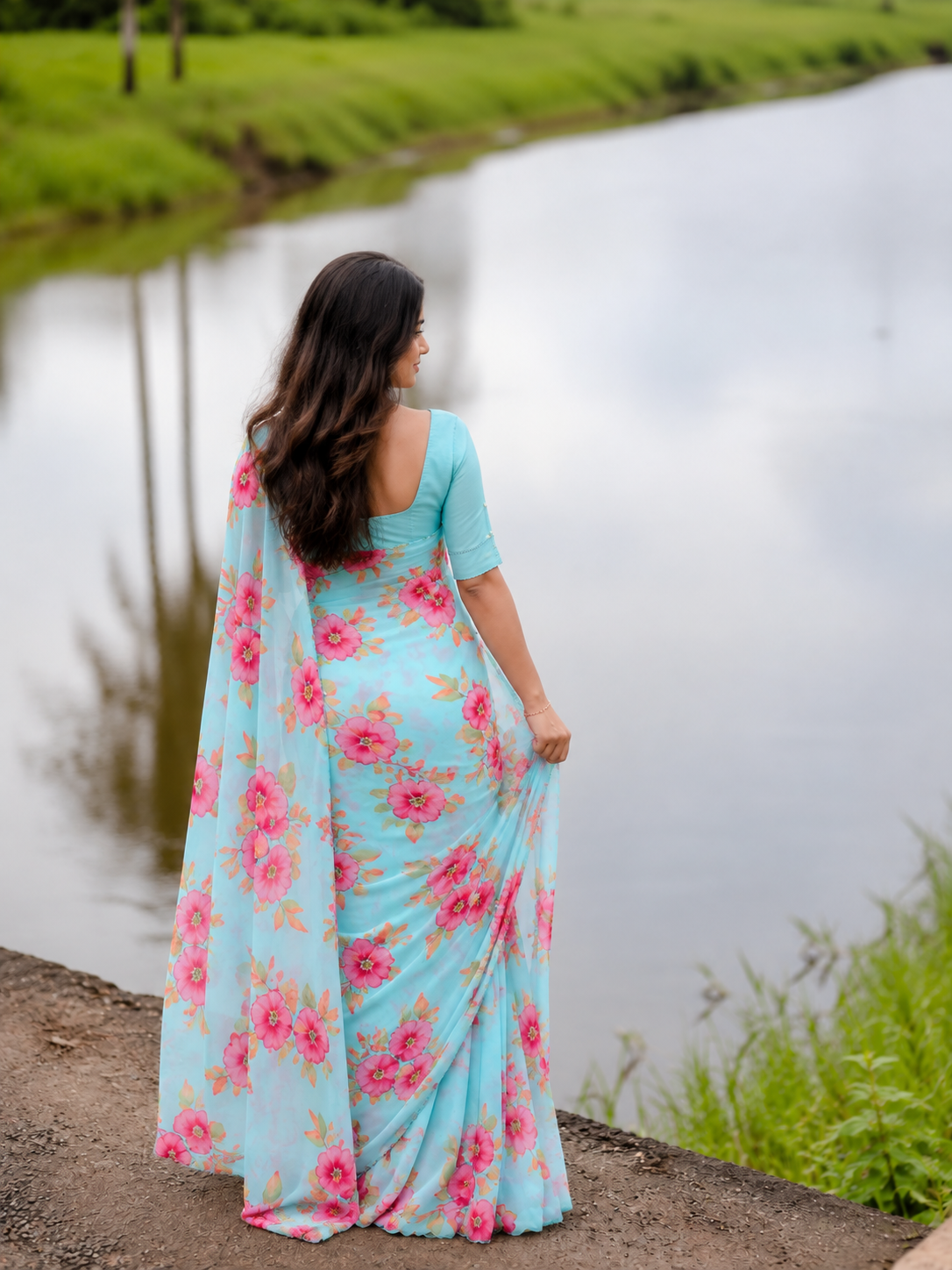 Varnika Pure Chinon Silk Saree | Floral Print & Khatli Handwork
