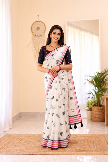 Amouré Linen Saree | Heart Print & Striped Border