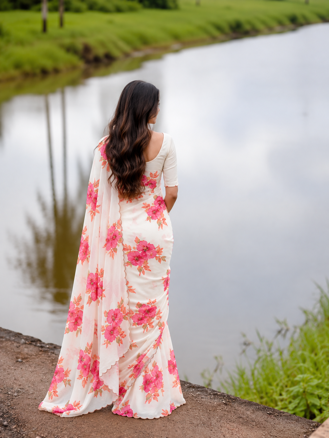 Varnika Pure Chinon Silk Saree | Floral Print & Khatli Handwork