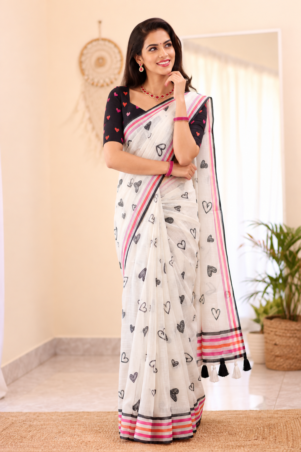Amouré Linen Saree | Heart Print & Striped Border