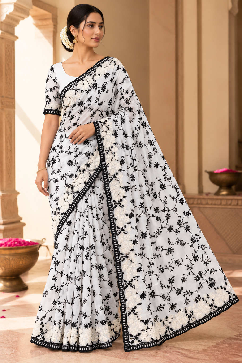 Kashida Georgette Saree | Chikankari & Cutwork Embroidery