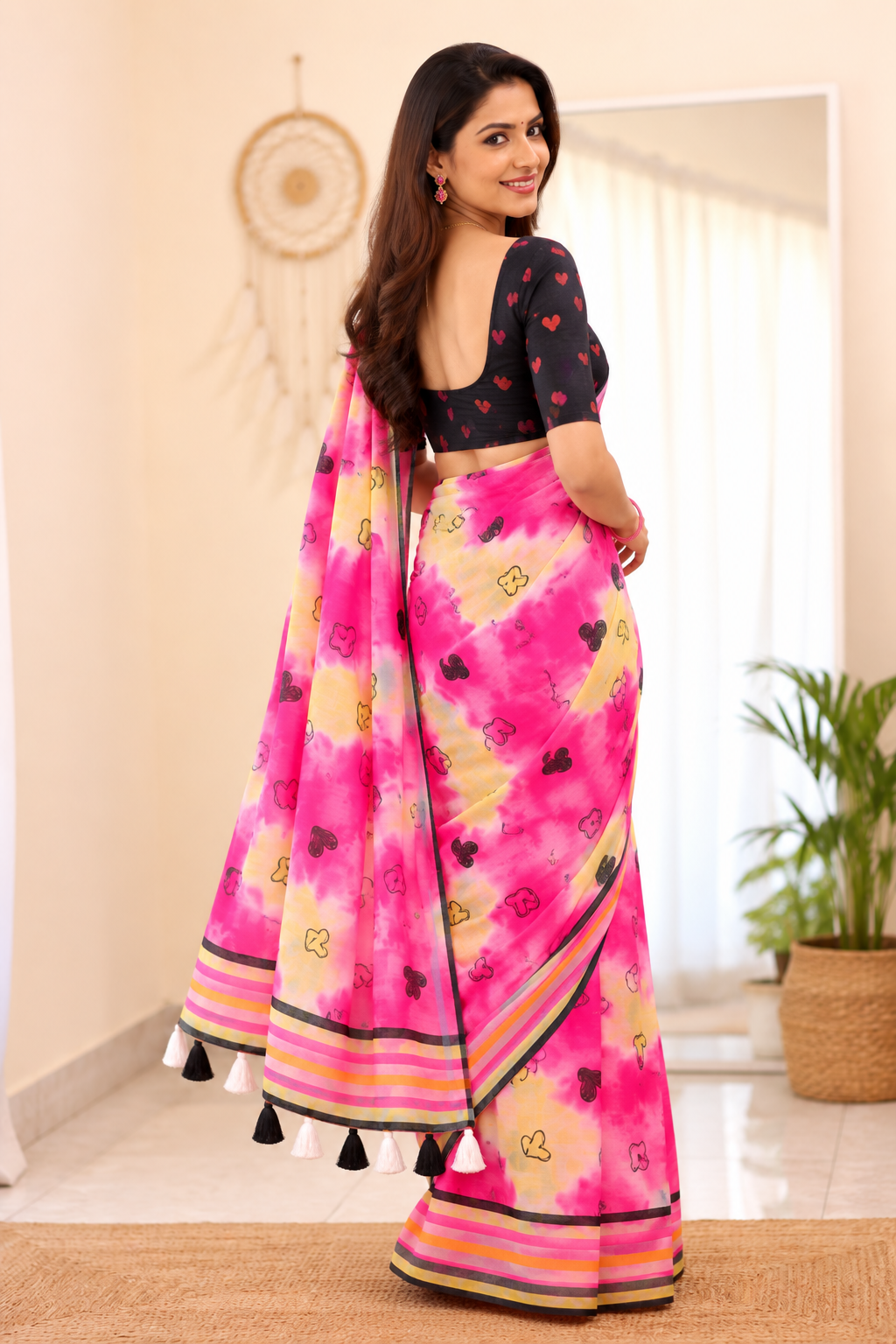Amouré Linen Saree | Heart Print & Striped Border