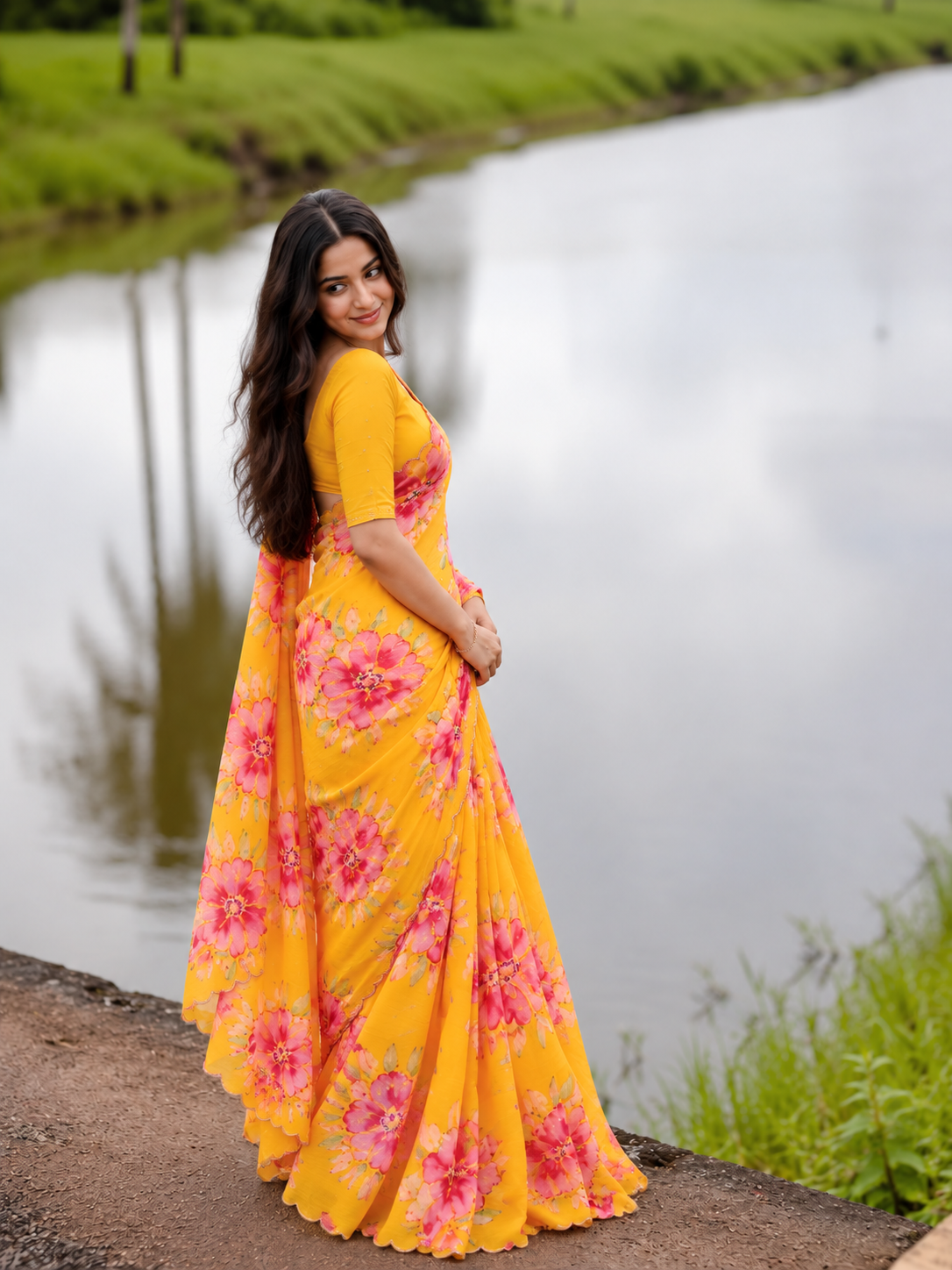 Varnika Pure Chinon Silk Saree | Floral Print & Khatli Handwork
