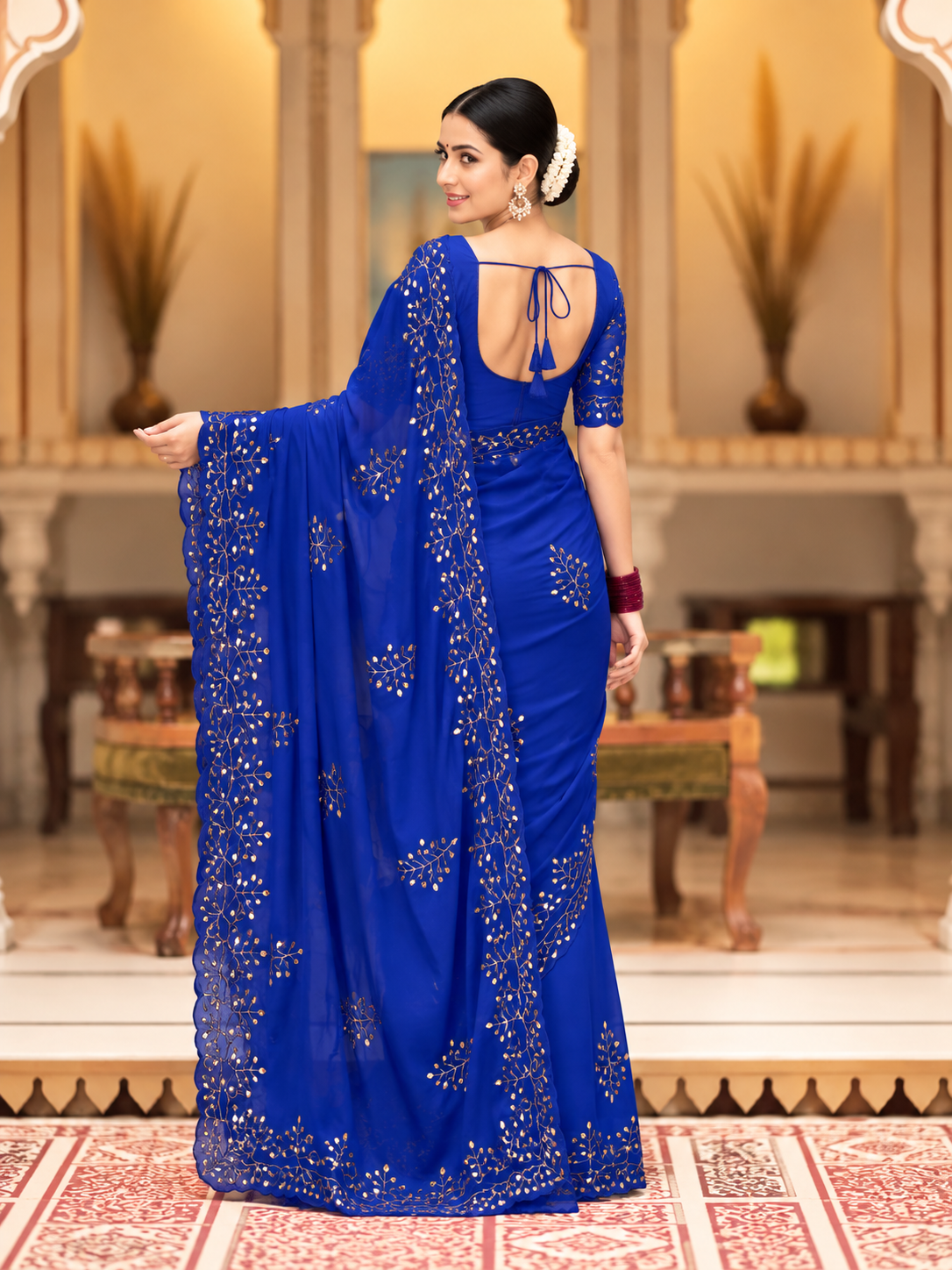 Evara Pure Georgette Saree | Handcrafted Mirror & Khatli Work