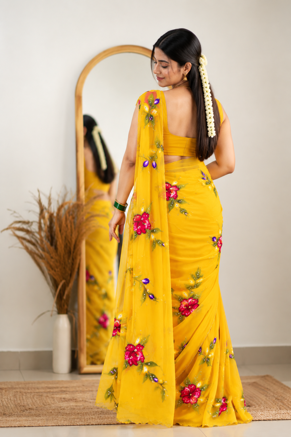 Chitrali Pure Chiffon Saree | Hand-Painted Floral & Khatli Work