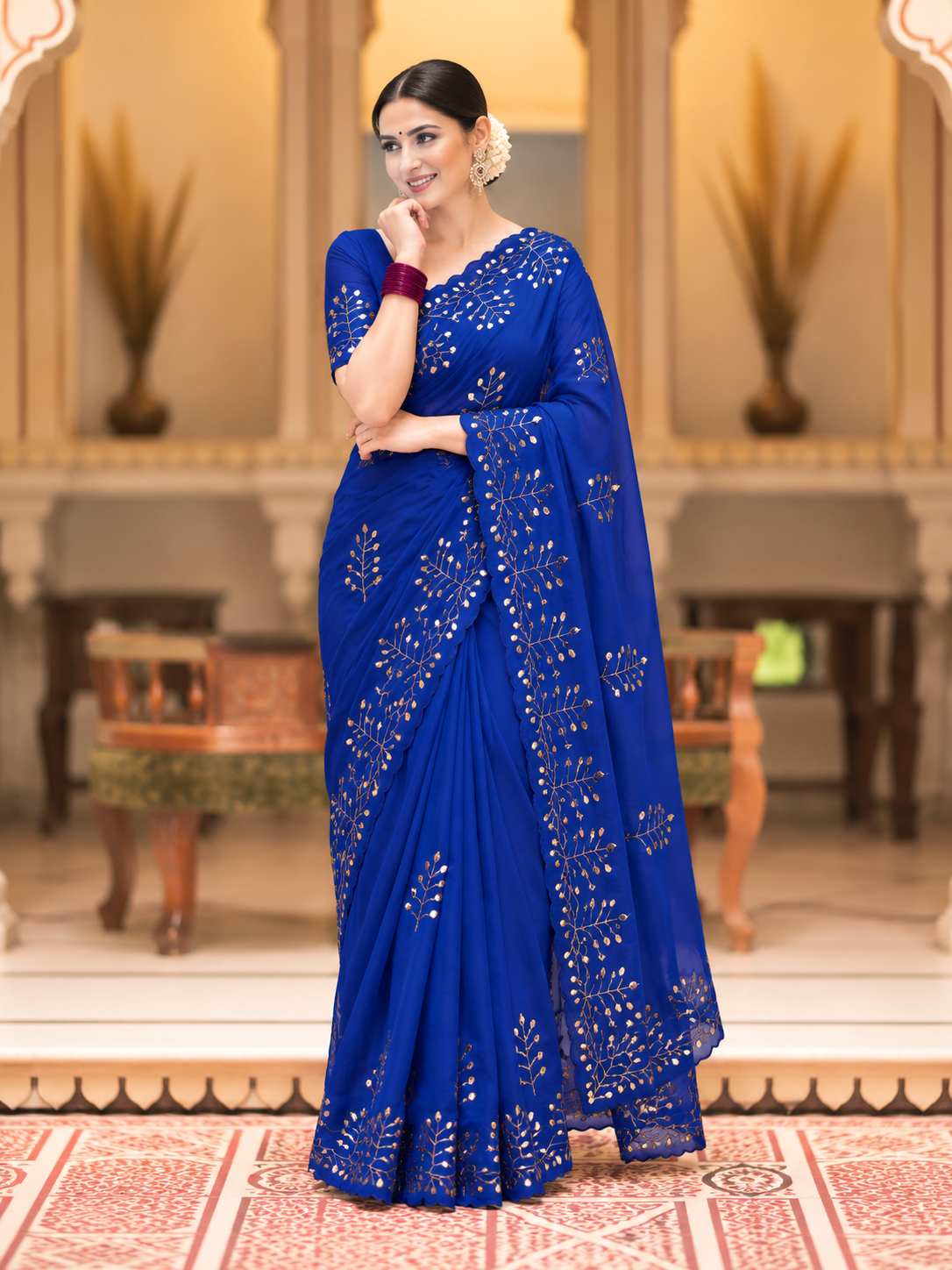 Evara Pure Georgette Saree | Handcrafted Mirror & Khatli Work