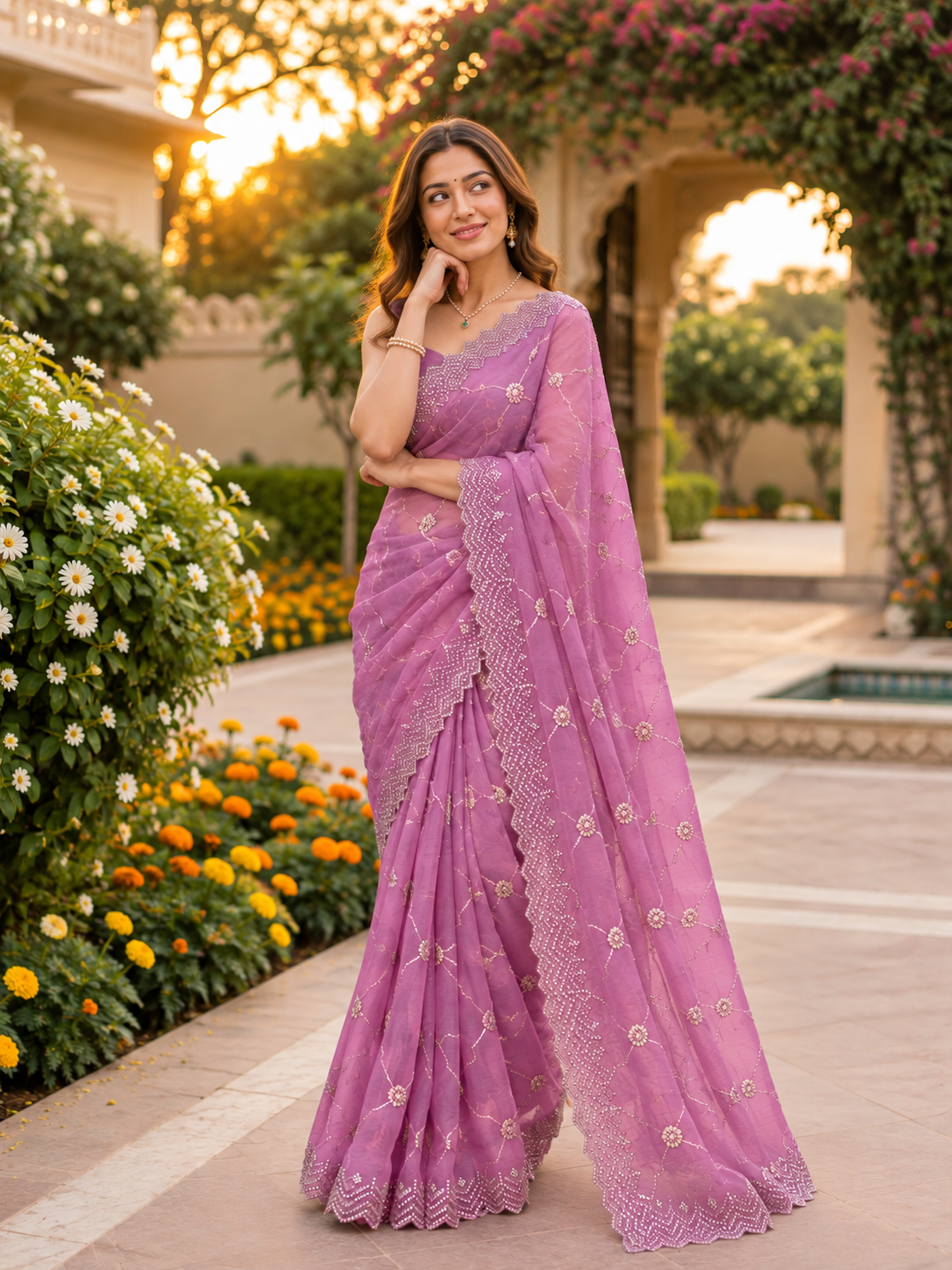 Rosé Soft Vari Chiffon Saree | Sequin & Bead Embroidery