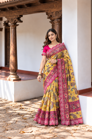 Riwaayat Designer Dola Banarasi Saree | Digital Print & Sequin Border