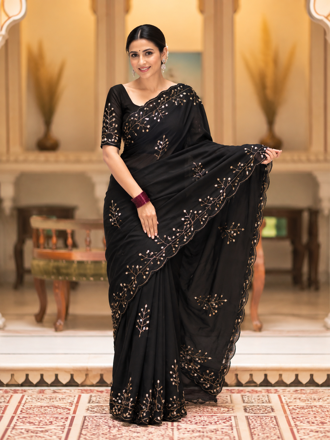 Evara Pure Georgette Saree | Handcrafted Mirror & Khatli Work