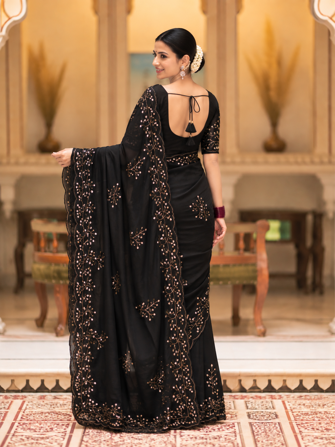 Evara Pure Georgette Saree | Handcrafted Mirror & Khatli Work