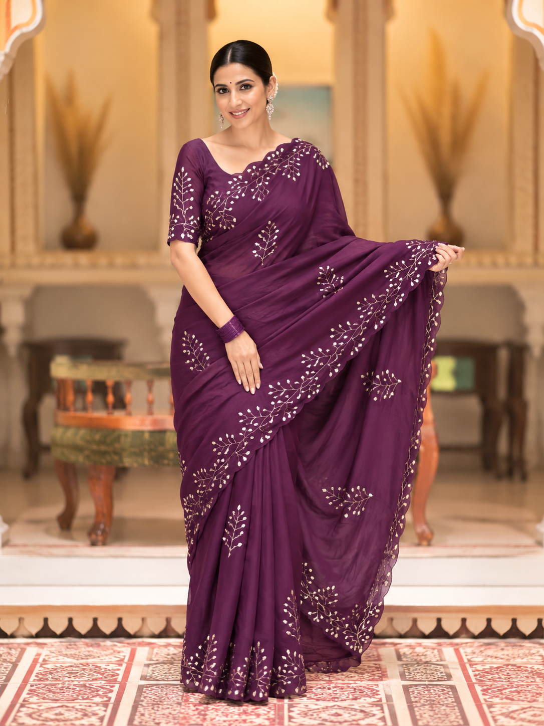 Evara Pure Georgette Saree | Handcrafted Mirror & Khatli Work