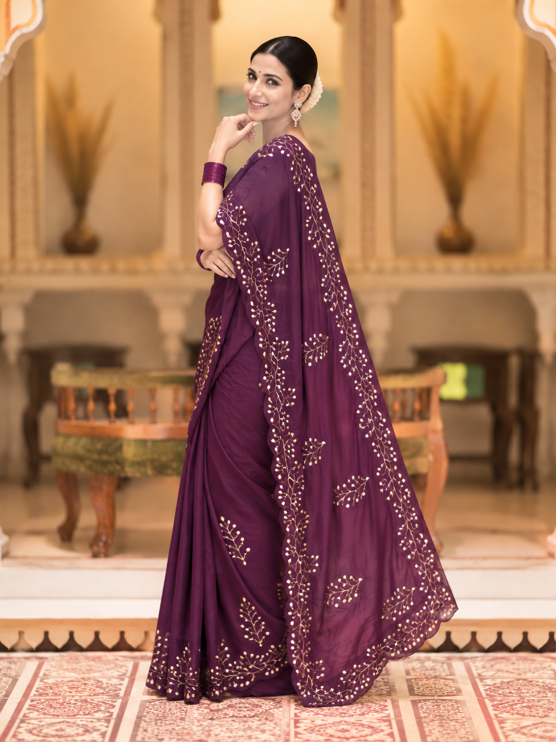 Evara Pure Georgette Saree | Handcrafted Mirror & Khatli Work
