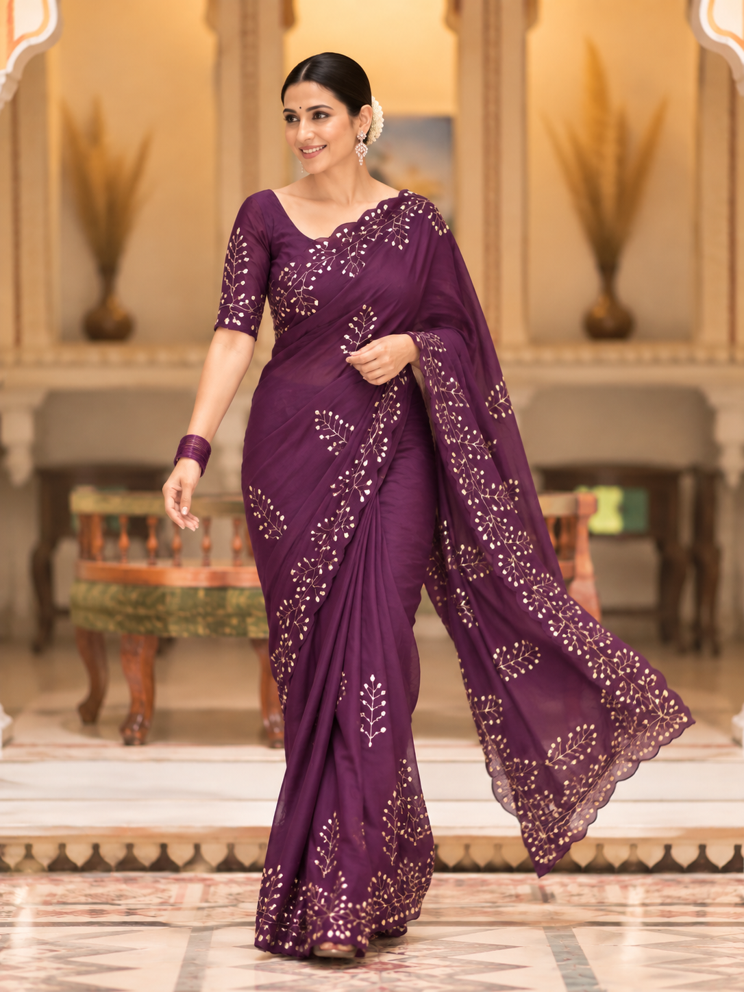 Evara Pure Georgette Saree | Handcrafted Mirror & Khatli Work