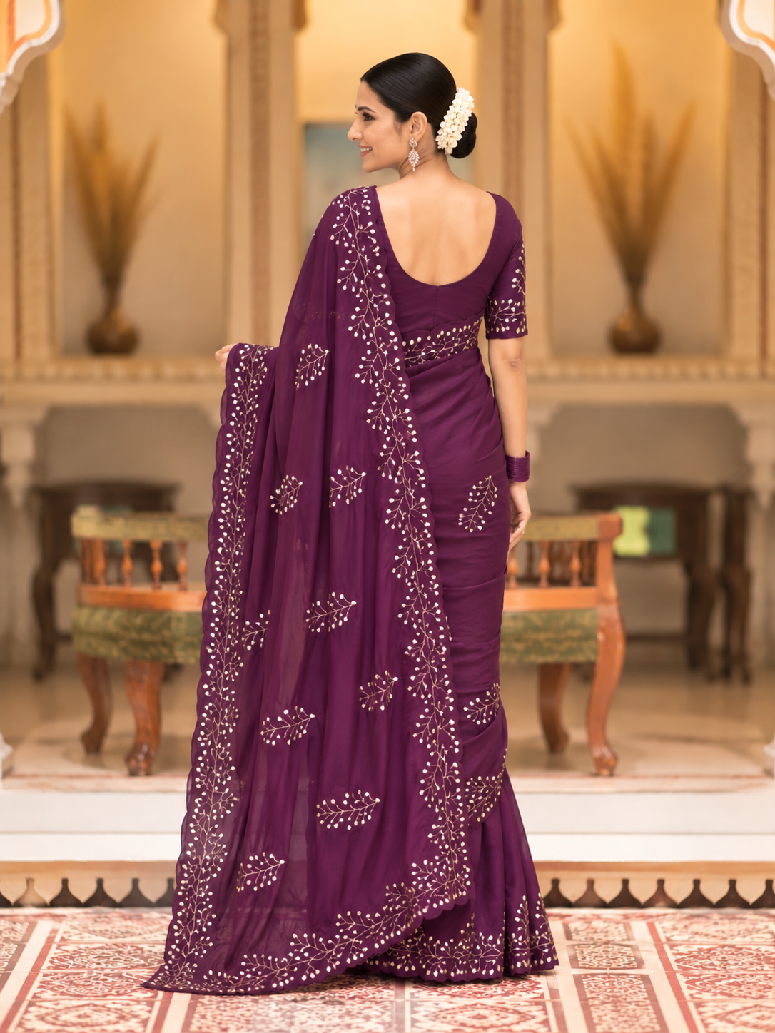 Evara Pure Georgette Saree | Handcrafted Mirror & Khatli Work