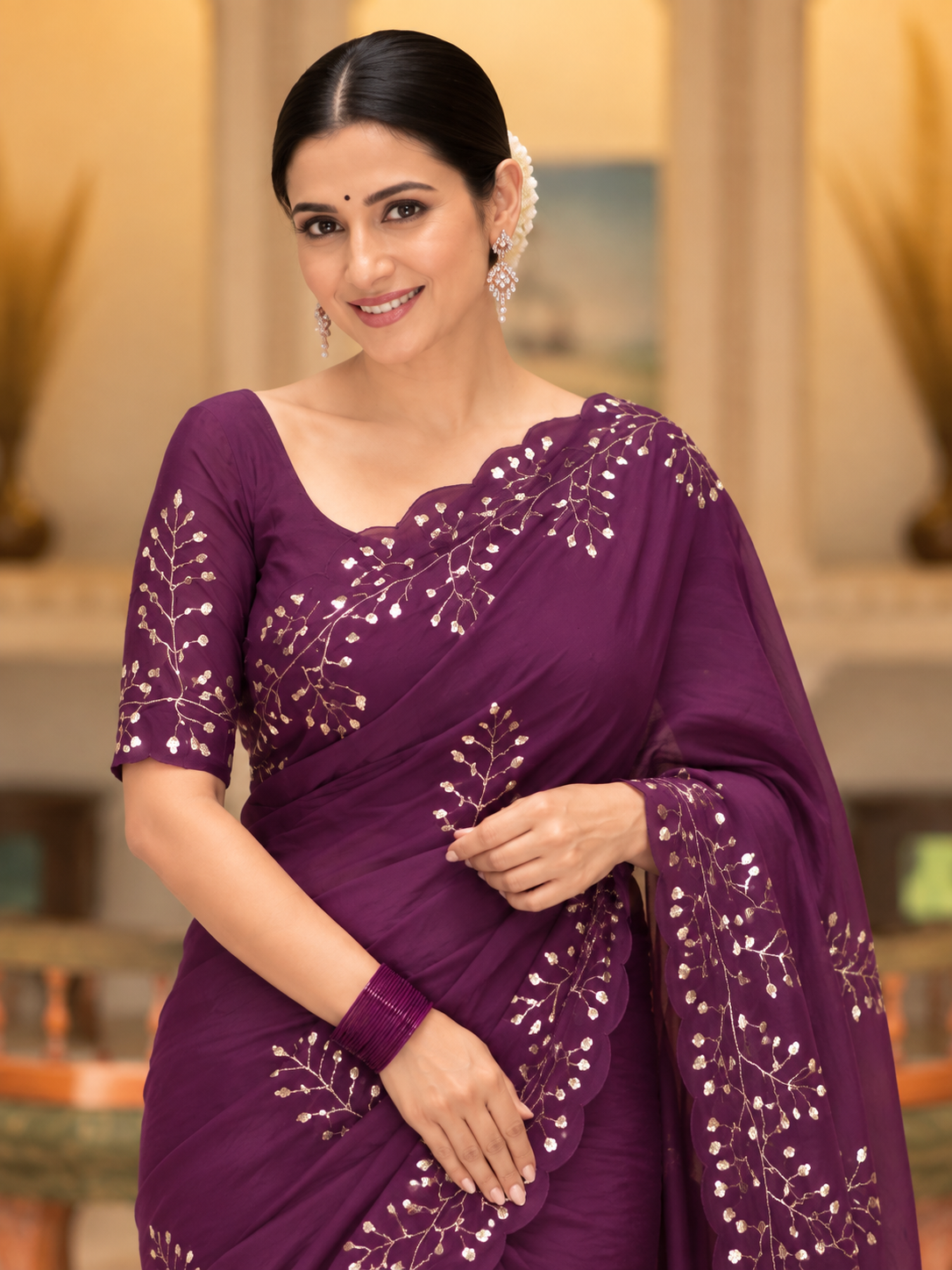 Evara Pure Georgette Saree | Handcrafted Mirror & Khatli Work