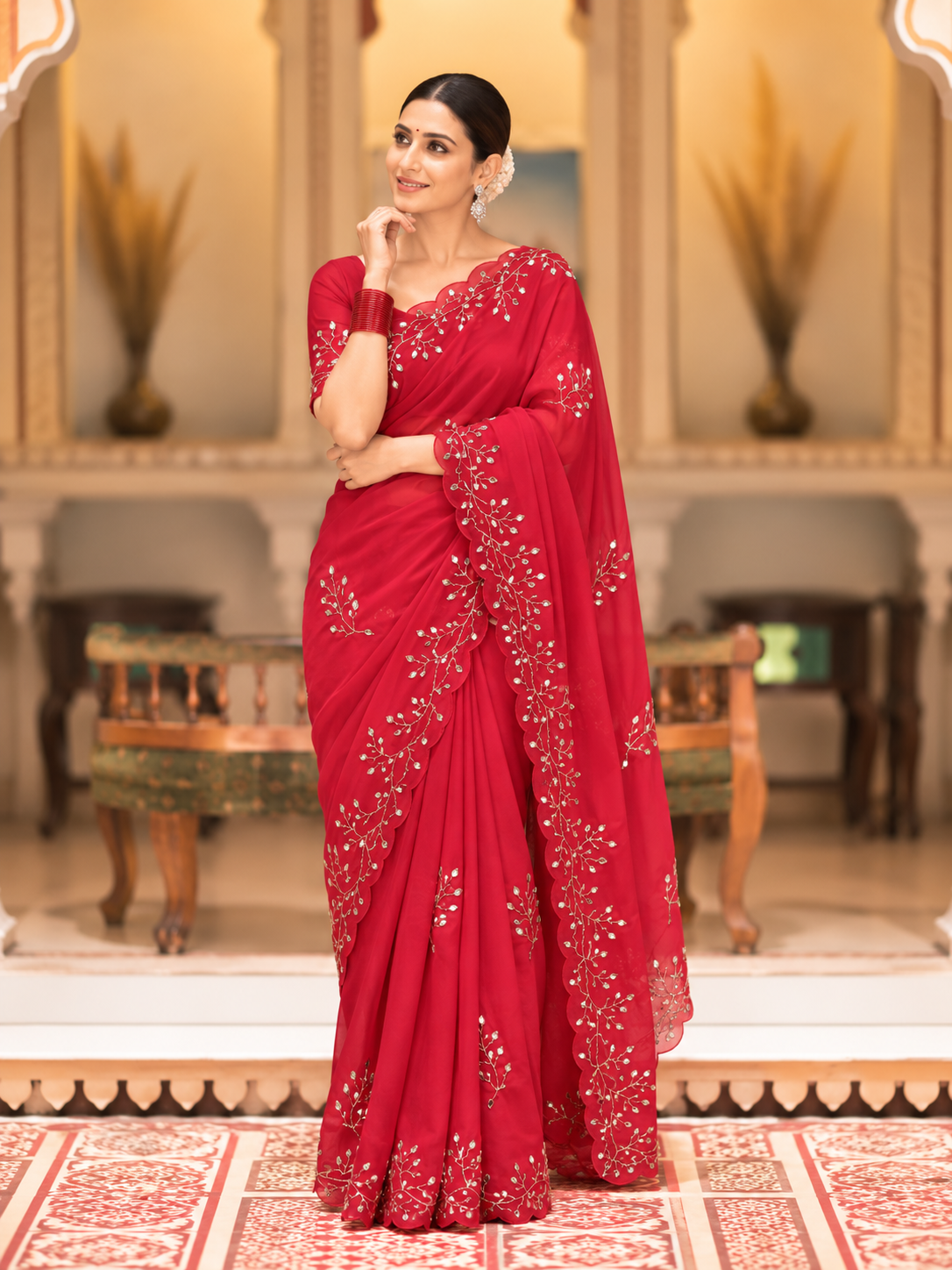 Evara Pure Georgette Saree | Handcrafted Mirror & Khatli Work