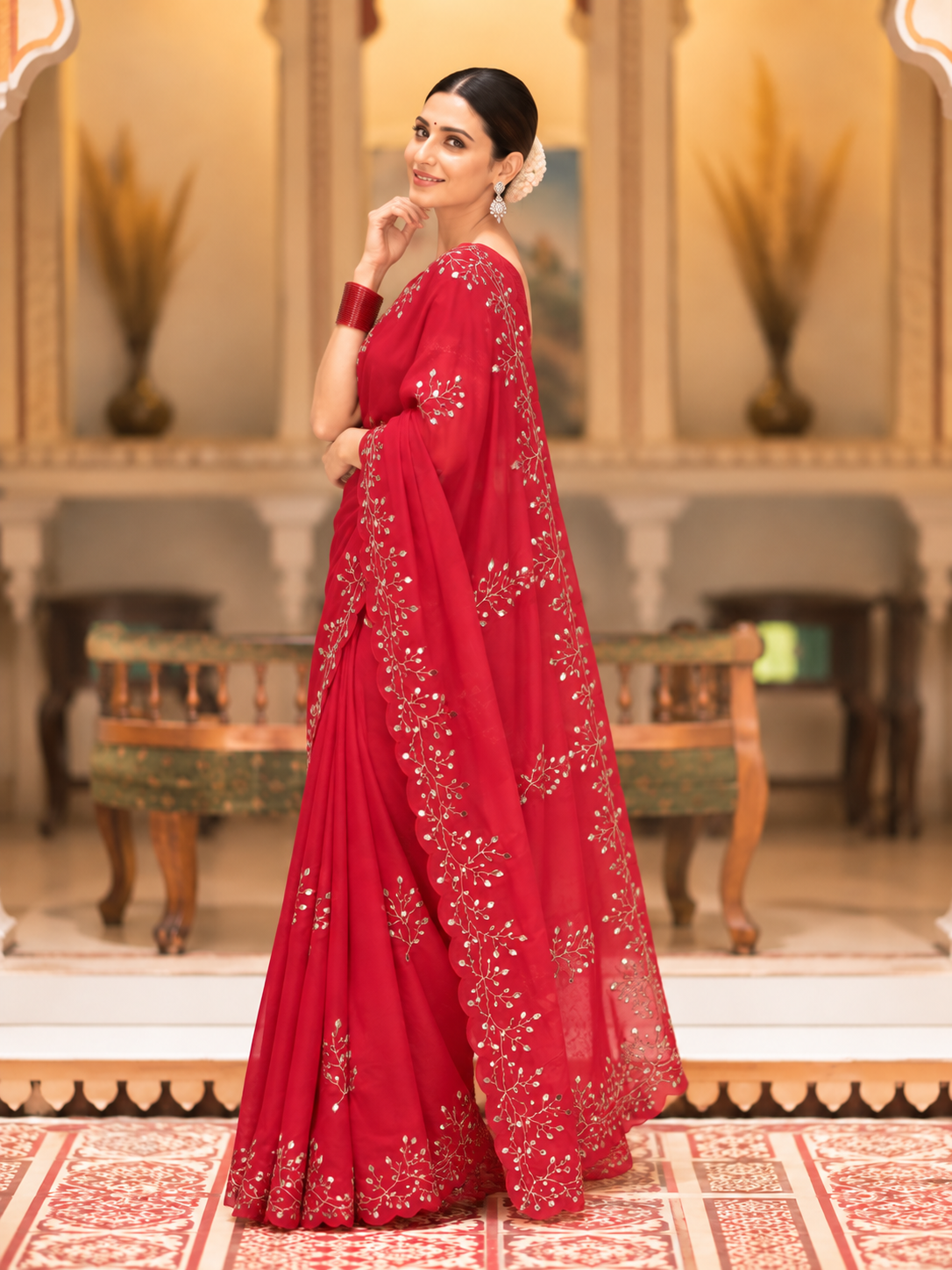 Evara Pure Georgette Saree | Handcrafted Mirror & Khatli Work