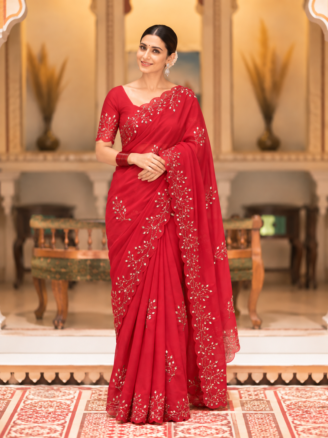 Evara Pure Georgette Saree | Handcrafted Mirror & Khatli Work