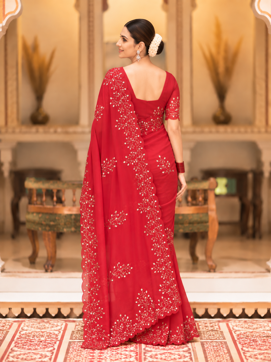 Evara Pure Georgette Saree | Handcrafted Mirror & Khatli Work