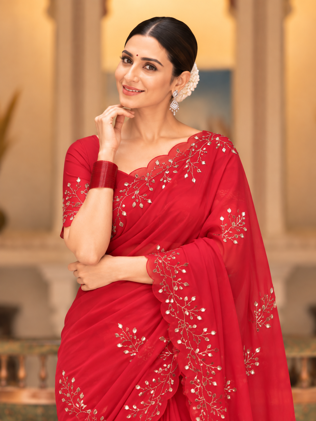 Evara Pure Georgette Saree | Handcrafted Mirror & Khatli Work