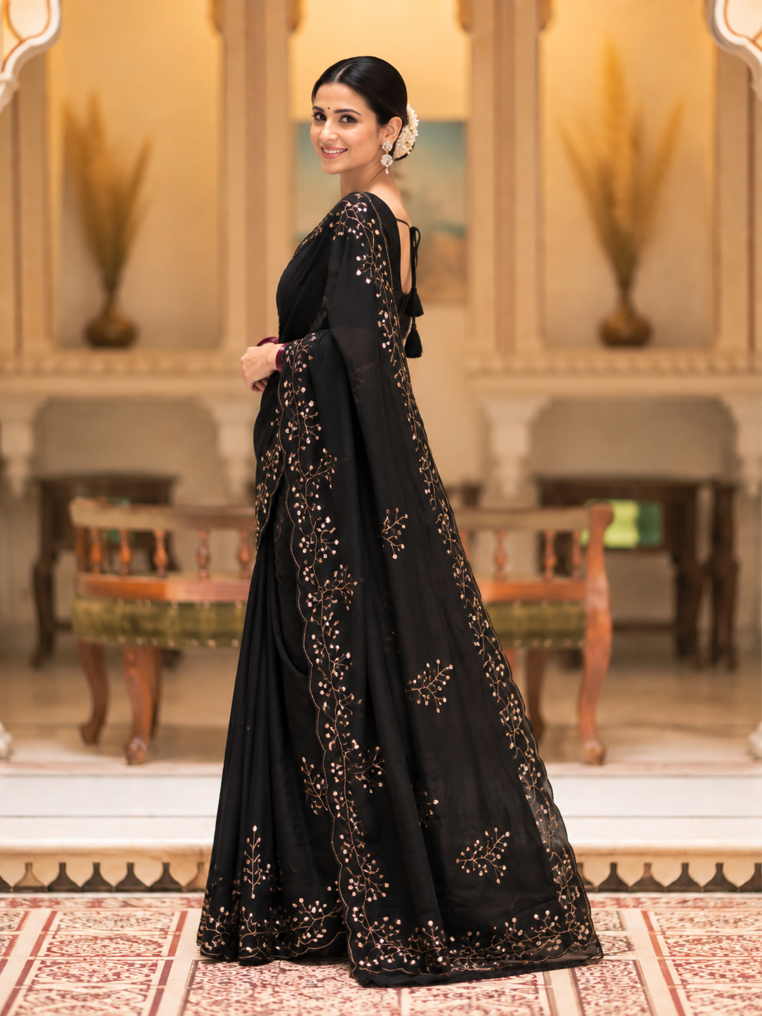 Evara Pure Georgette Saree | Handcrafted Mirror & Khatli Work