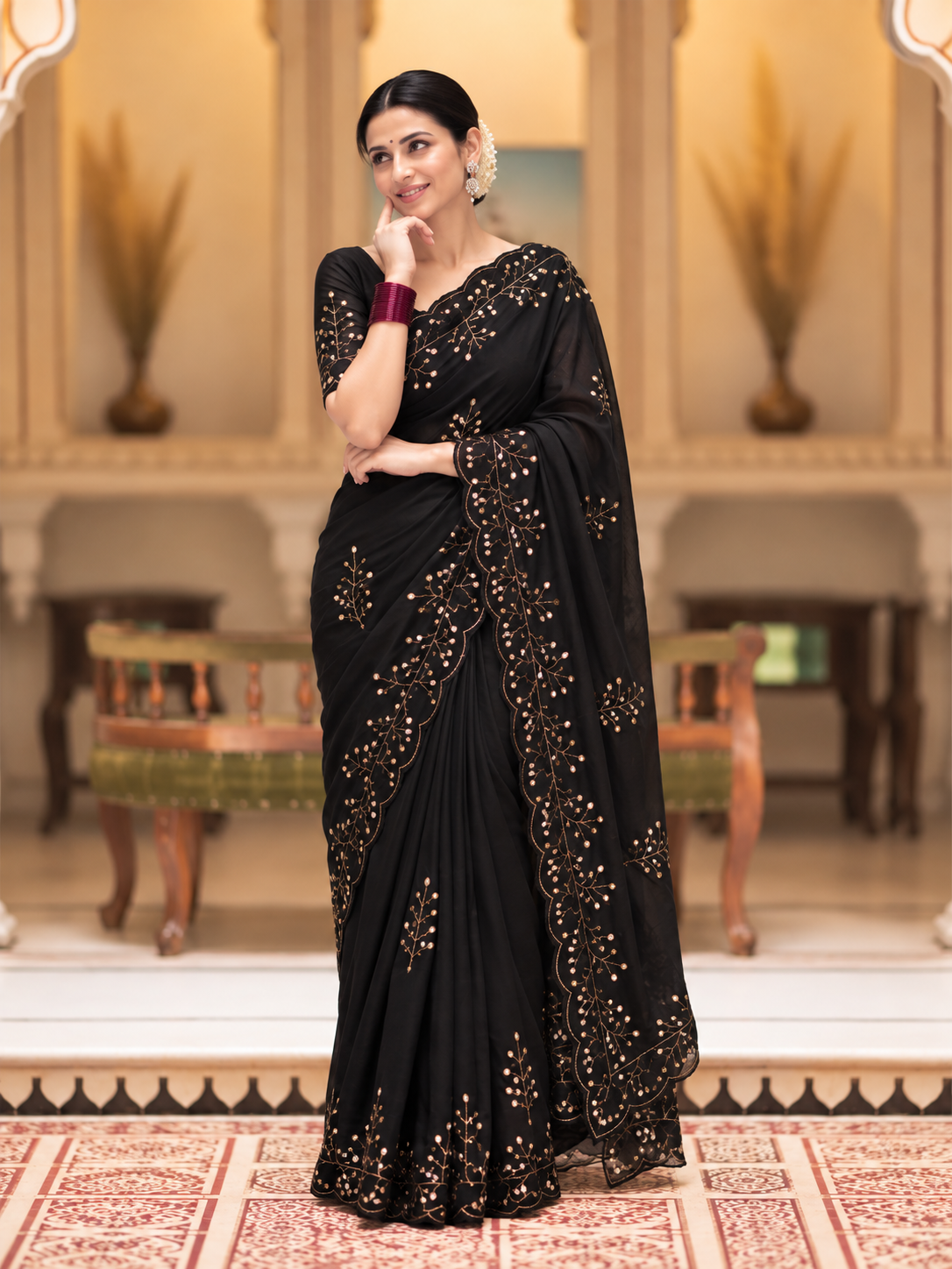 Evara Pure Georgette Saree | Handcrafted Mirror & Khatli Work