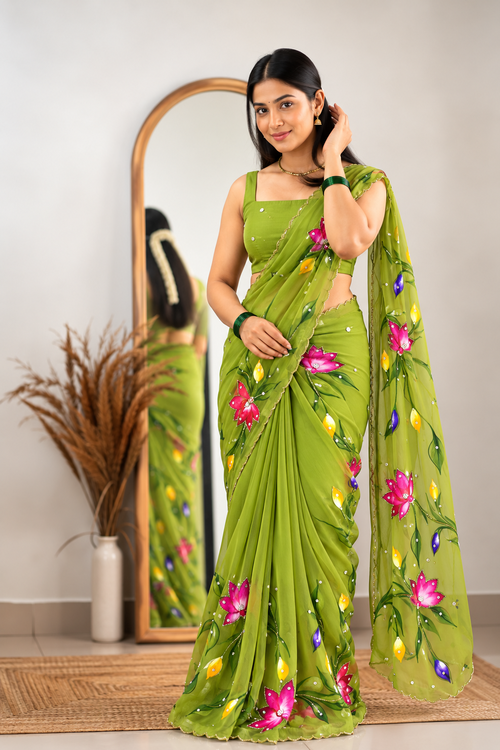 Chitrali Pure Chiffon Saree | Hand-Painted Floral & Khatli Work