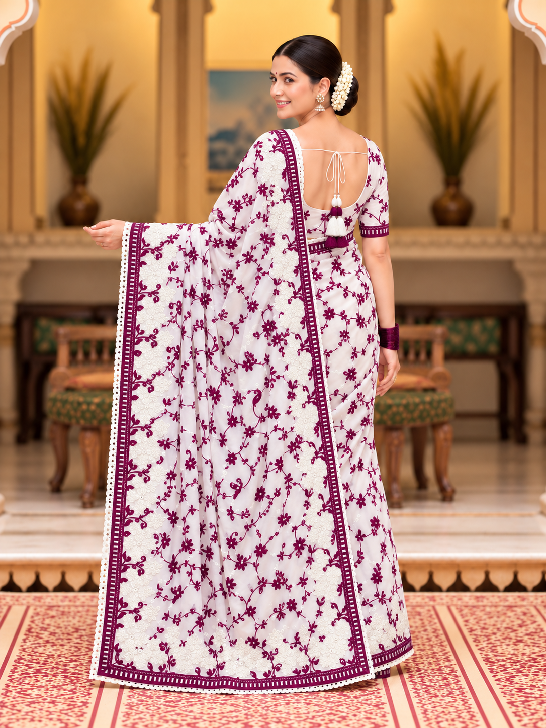 Kashida Georgette Saree | Chikankari & Cutwork Embroidery