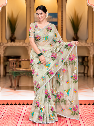 Meadow Song Pure Kota Doriya Saree | Floral & Bird Embroidery
