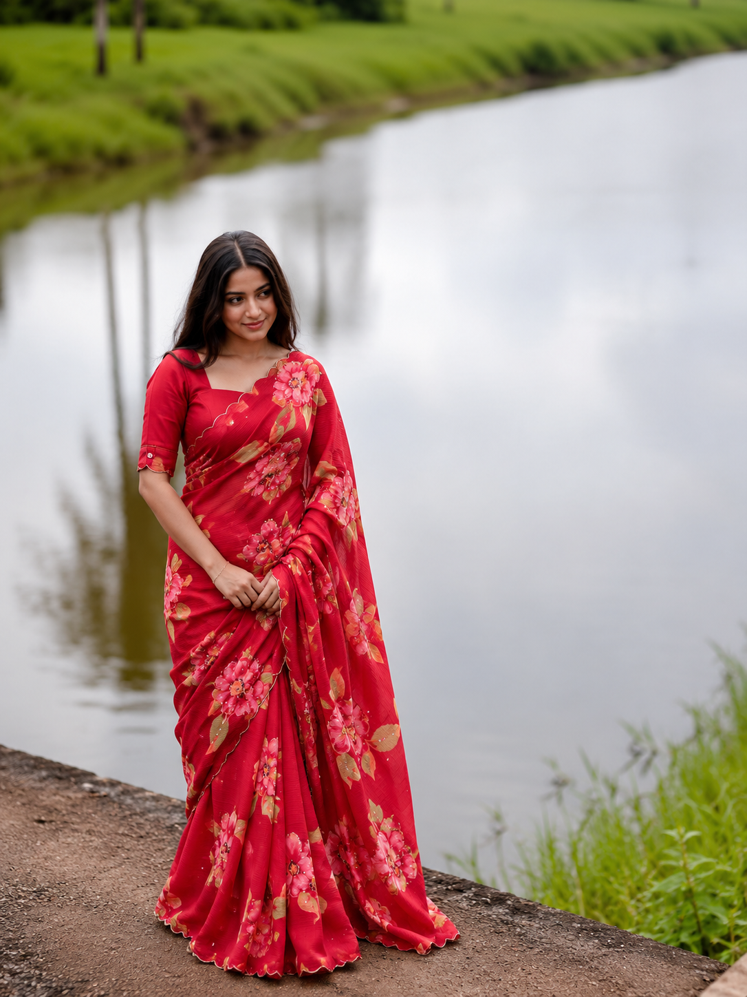 Varnika Pure Chinon Silk Saree | Floral Print & Khatli Handwork