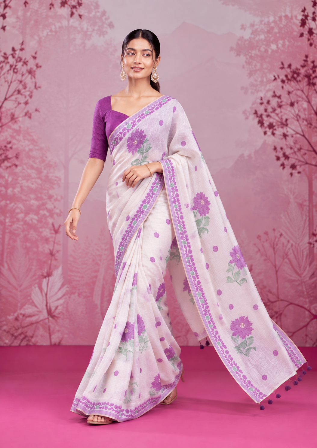 Mogra Soft Muga Cotton Saree | Jamdani Woven Border & Resham Butta