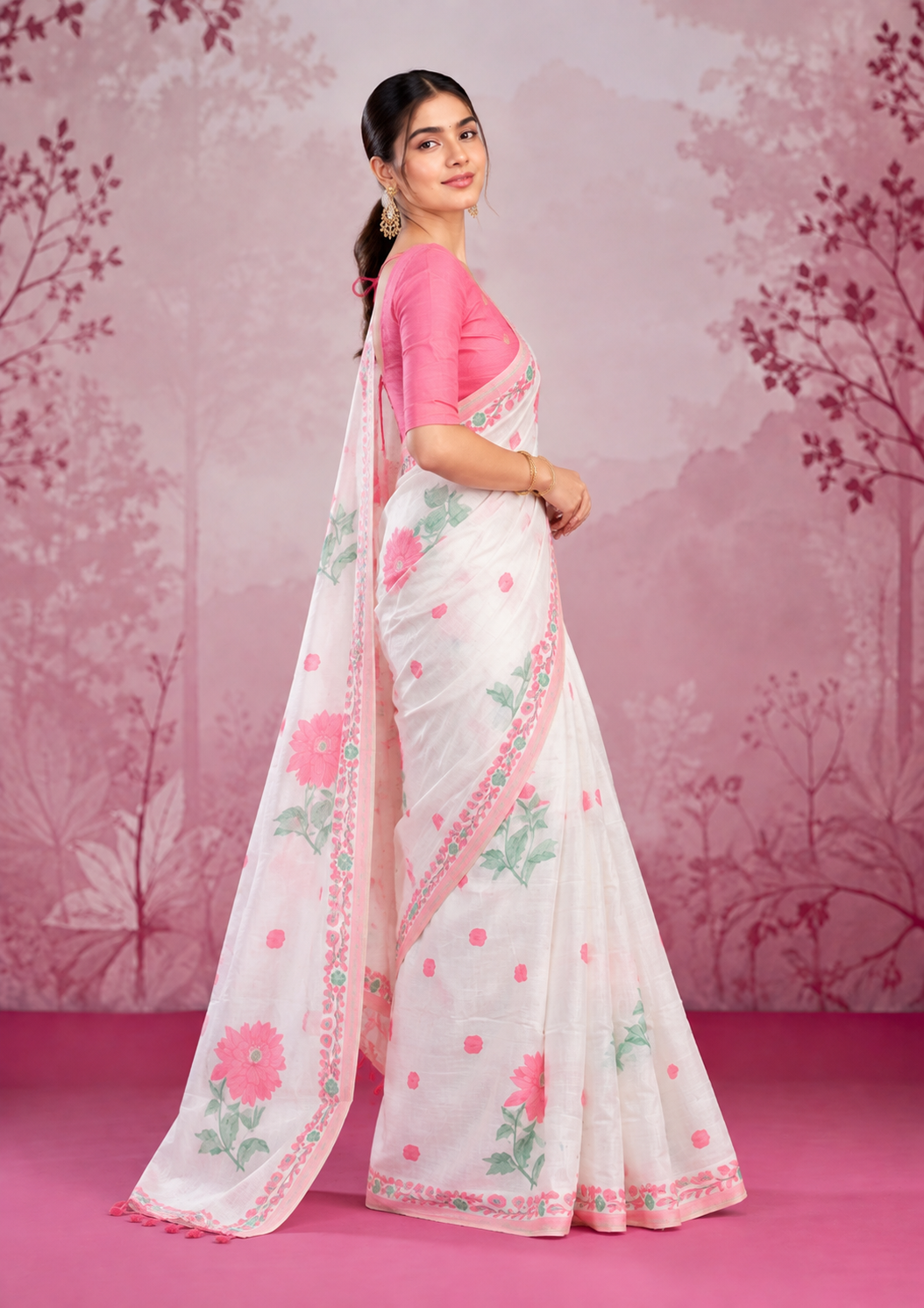 Mogra Soft Muga Cotton Saree | Jamdani Woven Border & Resham Butta