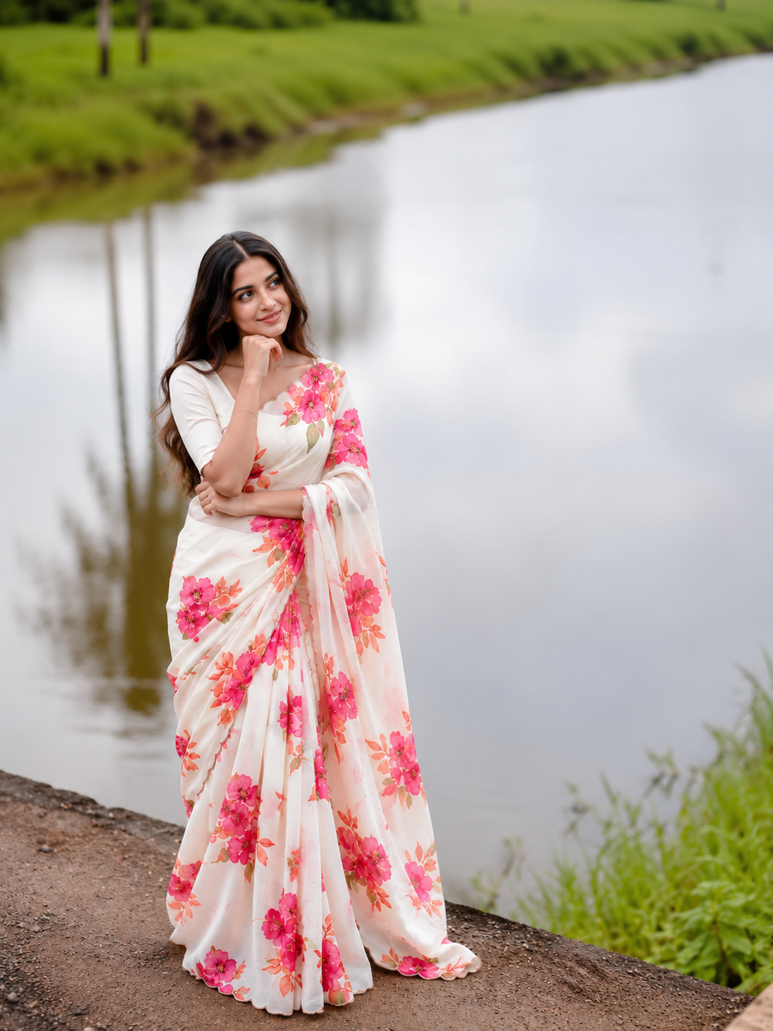 Varnika Pure Chinon Silk Saree | Floral Print & Khatli Handwork